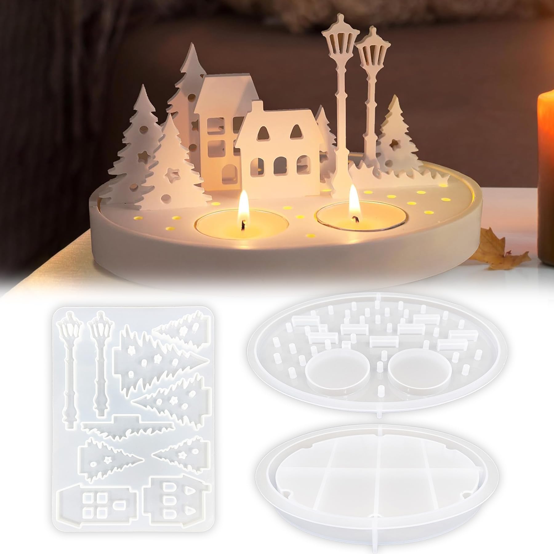 TZEKING 3 Stück Silikonformen Gießformen Häuser Baum, 3D Silikonformen Gießformen,Kerzenhalter Häuser Straßenlaterne Silikonform Baum,Silikon Gießform für Handwerk Weihnachtsbaum Haus Straßenlaterne-3 Angebot bei HelloDeals