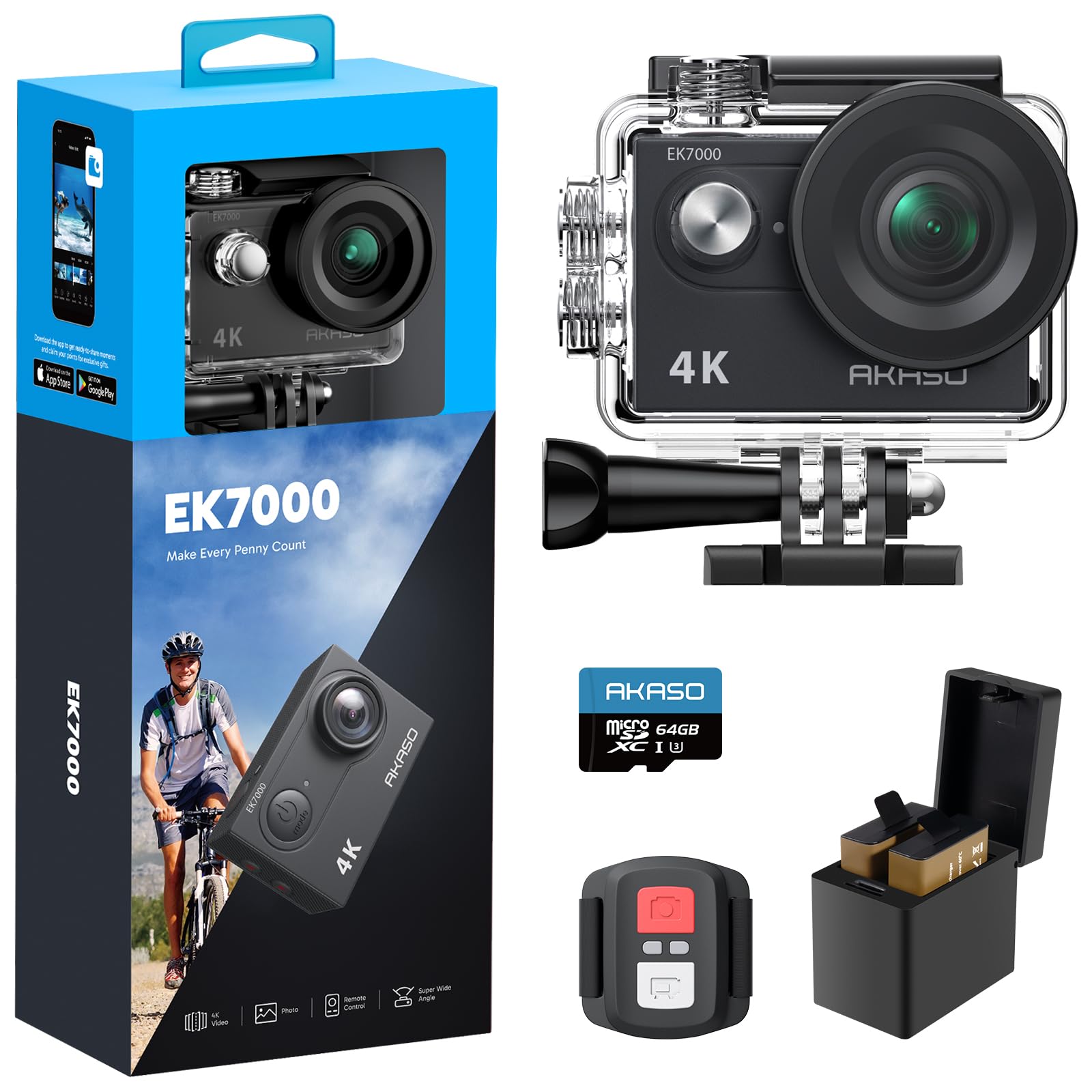 AKASO EK7000 Action Cam 4K30FPS mit 64GB microSDXC Speicherkarte Unterwasserkamera 170°Ultra Weitwinkel Full HD Sportcamera mit 2 Zoll LCD Bildschirm 2.4G Fernbedienung Angebot bei HelloDeals