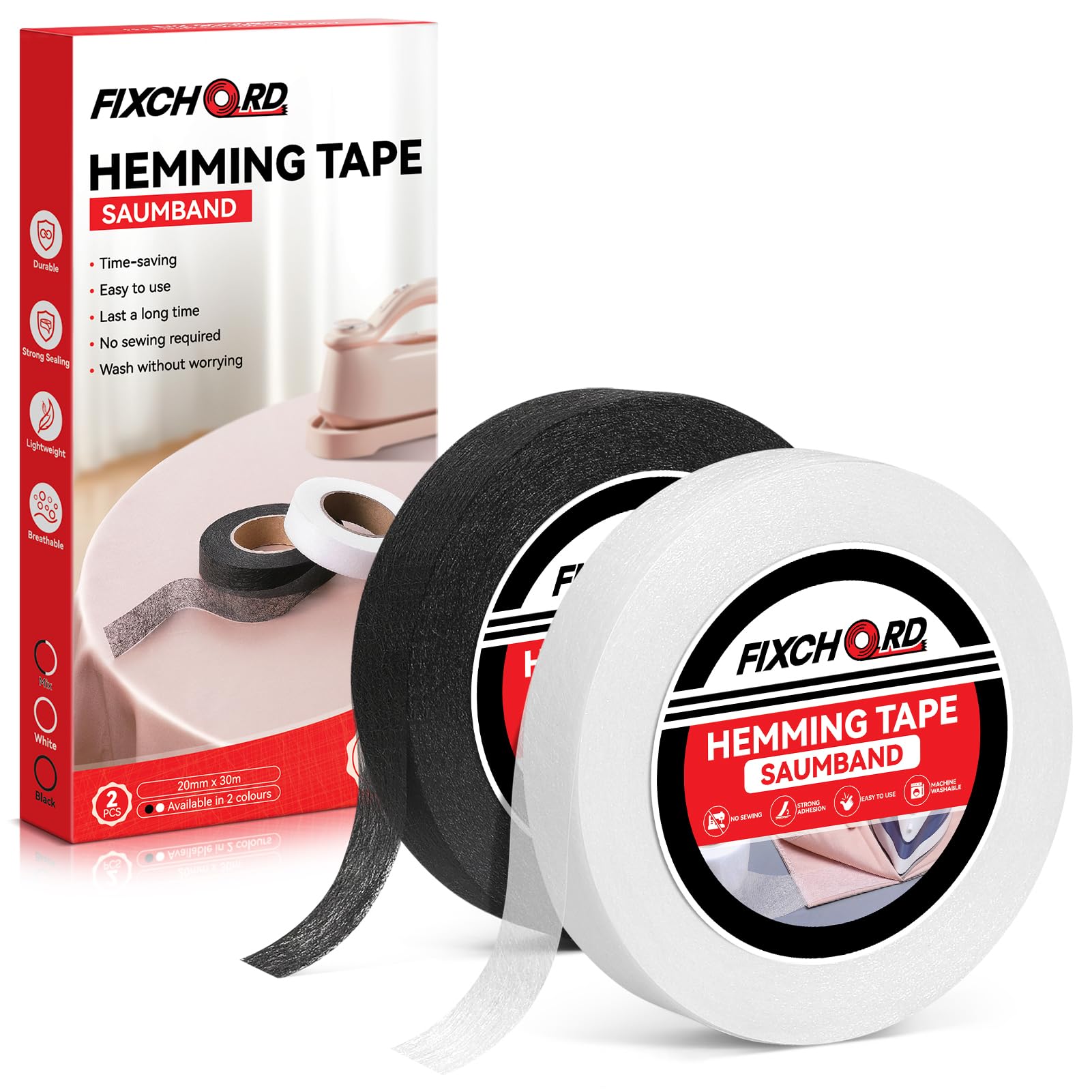 FIXCHORD Saumband, 2PCS Saumband zum Aufbügeln, Bügelband zum Aufbügeln, Bügelband zum Kürzen für Vorhänge, Bügelkleber für Textilien, Gardinen kürzen ohne Nähen, Schwarz und Weiß 30m*20mm Schwarz und Weiß 2 PCS 30m*20mm Angebot bei HelloDeals