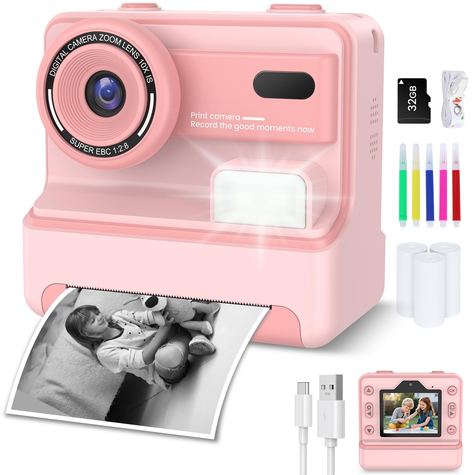 Sofortbildkamera, Kinderkamera mit 32GB Karte & 3 Rollen Druckpapier, Sofortbildkamera Kinder mit Farbigen Stiften & Lustige Accessoires, Geschenke für Jungen & Mädchen von 3-12 Jahren(Rosa) Angebot bei HelloDeals