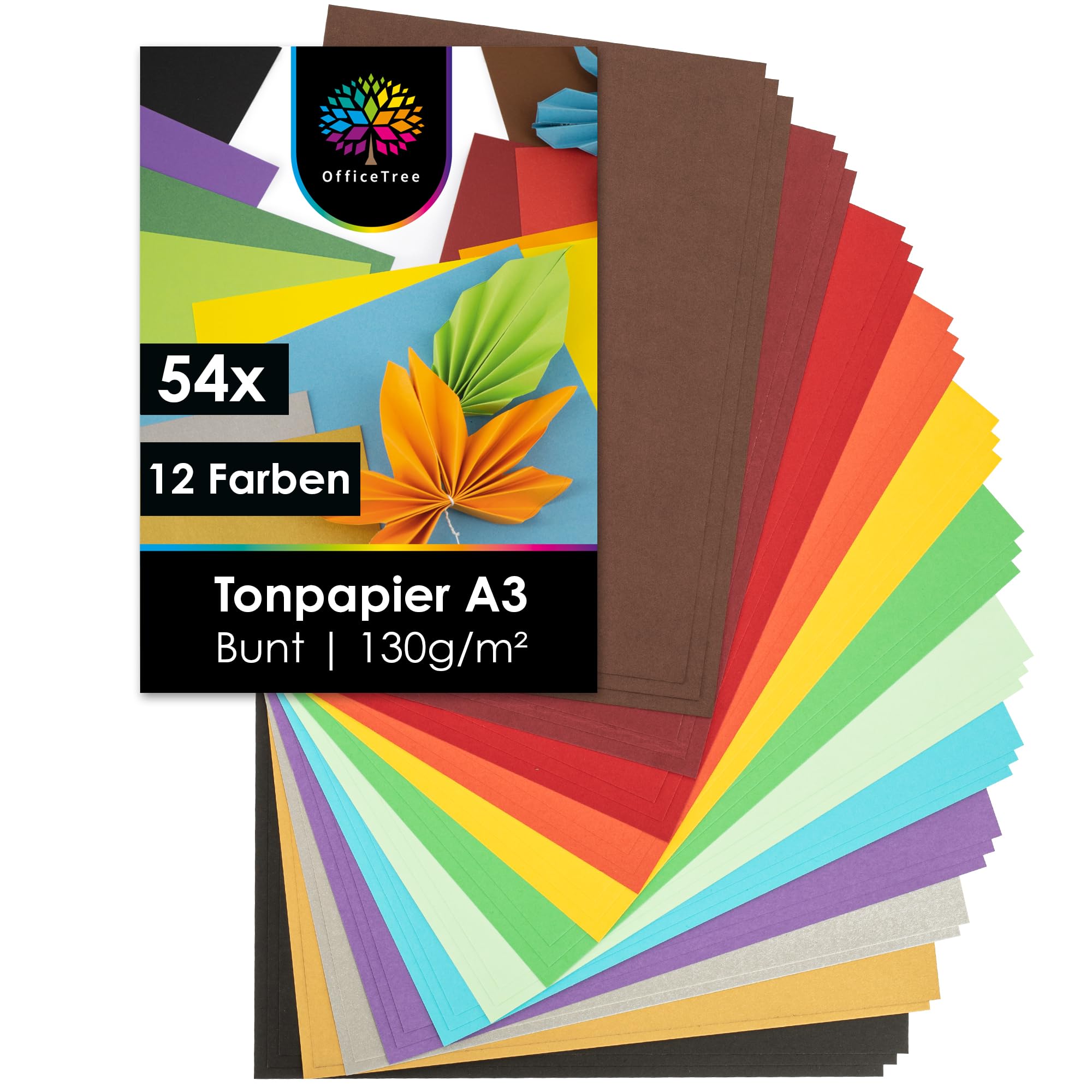 OfficeTree 54 x Tonpapier A3 Bunt - 12 Farben - inkl. 2 Gold- und 2 Silberbögen - Buntes Bastelpapier 130g/m² - Tonkarton zum Basteln und Gestalten Angebot bei HelloDeals