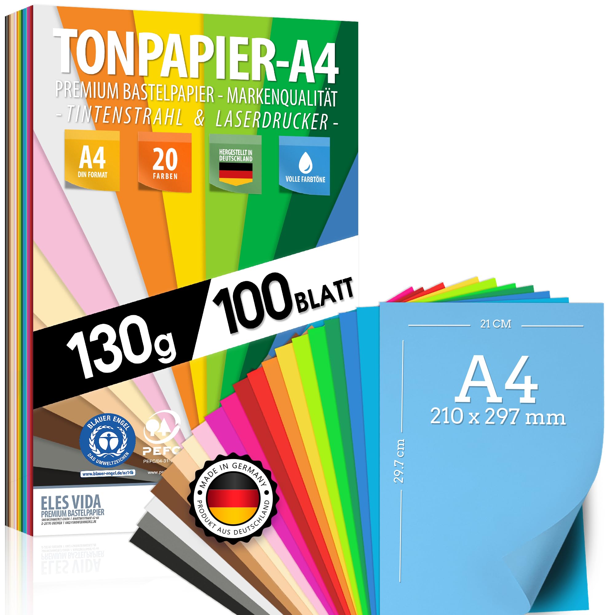 100 Blatt TONPAPIER - Buntes Papier DIN A4-130g/m² Set 20 Farben – Stabil Bastelpapier & Farbige Blätter, Kinder & DIY Bogen, Zubehör zum Basteln - BLAUER ENGEL & PEFC zertifiziert Bunt | 100 Blatt | 20 Farben A4 Angebot bei HelloDeals