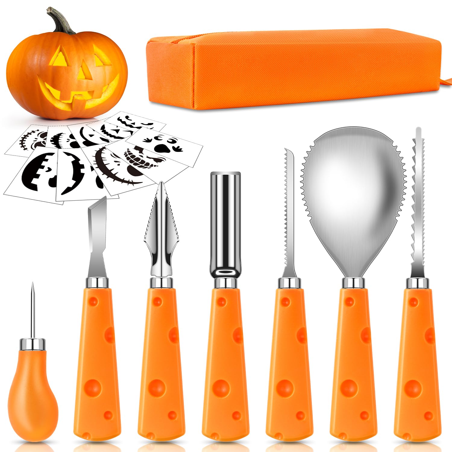 ECtury Kürbis Schnitzset, 7 Stück Schnitzwerkzeug Kürbis + 10 Schnitzvorlagen, Kürbis Schnitzen Werkzeug, Pumpkin Carving Kit, Halloween Kürbisschnitz Set Angebot bei HelloDeals