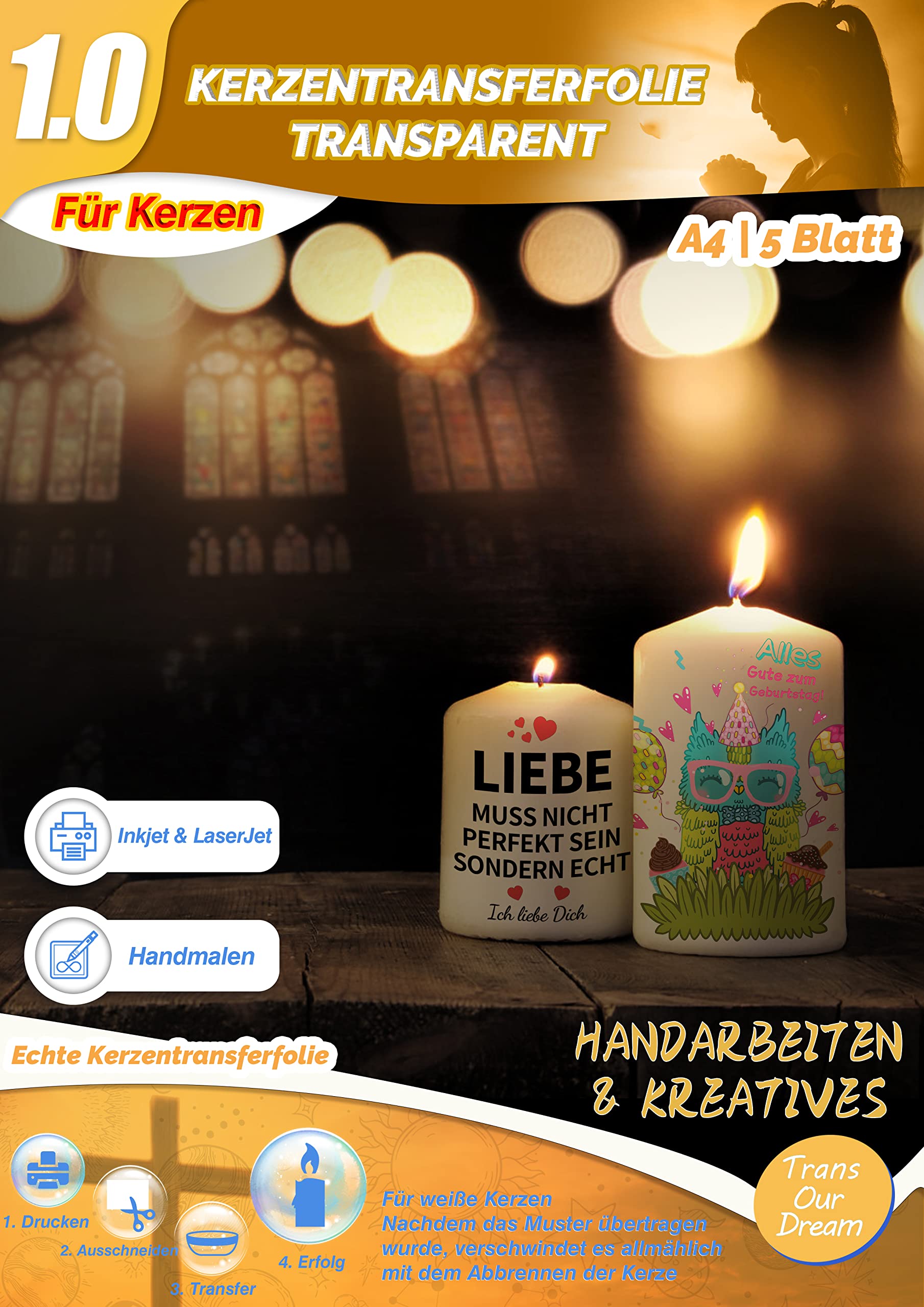 TransOurDream Wasserschiebefolie für Kerzen Taufe,A4X5 Sets,Kerzentransferfolie für Laserdrucker/Tintenstrahldrucker, Kerzensticker Kerzentattoos Tattoofolie Transferfolie,Kerzendekopapier Kerzenfolie-10 Sets Laser&inkjet Transparent Angebot bei HelloDeals