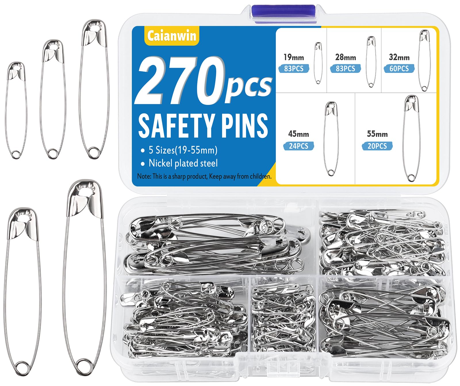 Caianwin 270 Stück Sicherheitsnadeln Set - 5 Größen Sicherheitsnadel Klein(19mm/28mm/32mm) und Sicherheitsnadeln Groß(45mm/55mm) Silber, Metall Safety Pins für Kunsthandwerk Nähen DIY Angebot bei HelloDeals