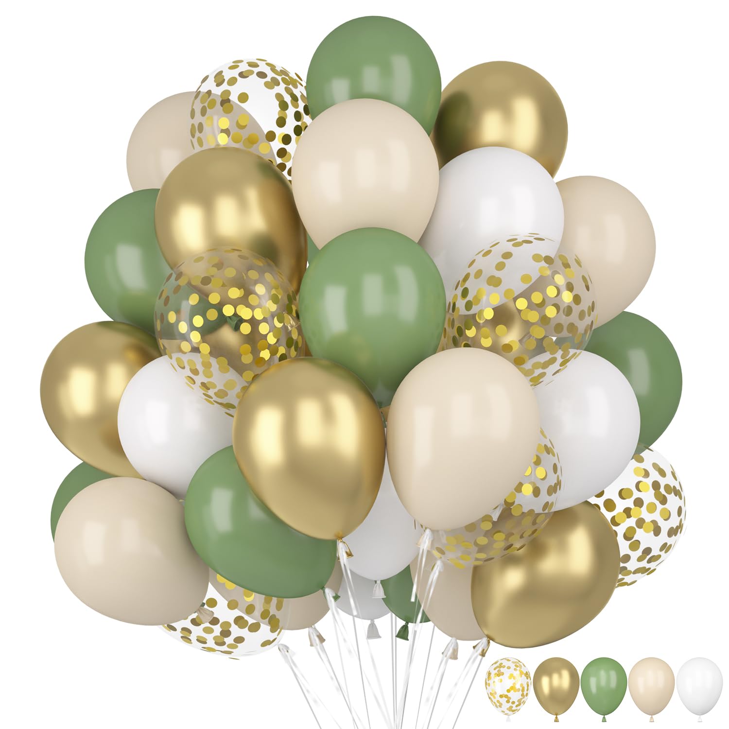 60 Stück Luftballons Grün Gold, Luftballons Salbeigrün Weiß, Luftballons Eukalyptus Grün, Luftballons Geburtstag Grün Weiß Gold Konfetti Latex Ballons für Geburtstag, Hochzeit, Babyparty Dekoration Angebot bei HelloDeals