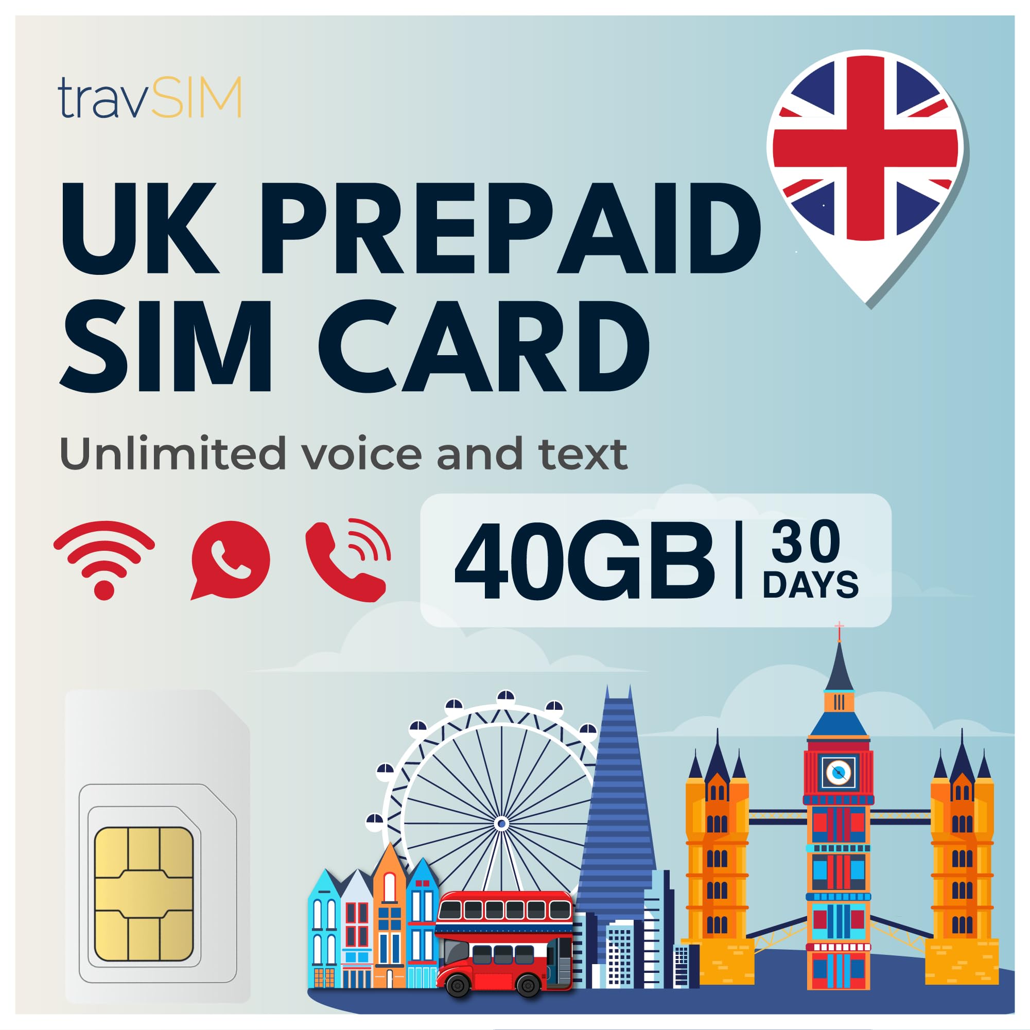 travSIM UK SIM-Karte | 40GB Daten + Unbegrenzte Anrufe & Texte | 4G/5G Geschwindigkeiten | Funktioniert in ganz Großbritannien | SIM-Karte UK ist 30 Tage lang gültig 30 Days - 20GB Angebot bei HelloDeals