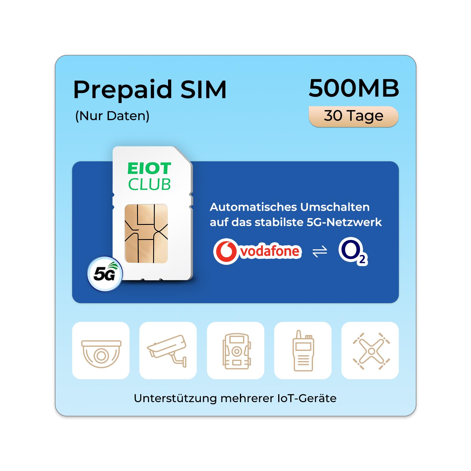 EIOTCLUB Prepaid SIM Karte für 5G/4G LTE-Überwachungskamera, Wildkamera, WiFi Router, Unterstützt Vodafone, O2-Netzwerk, SIM-Karte Nur Daten, Ohne Vertrag, Ohne Registrierung 500MB Angebot bei HelloDeals