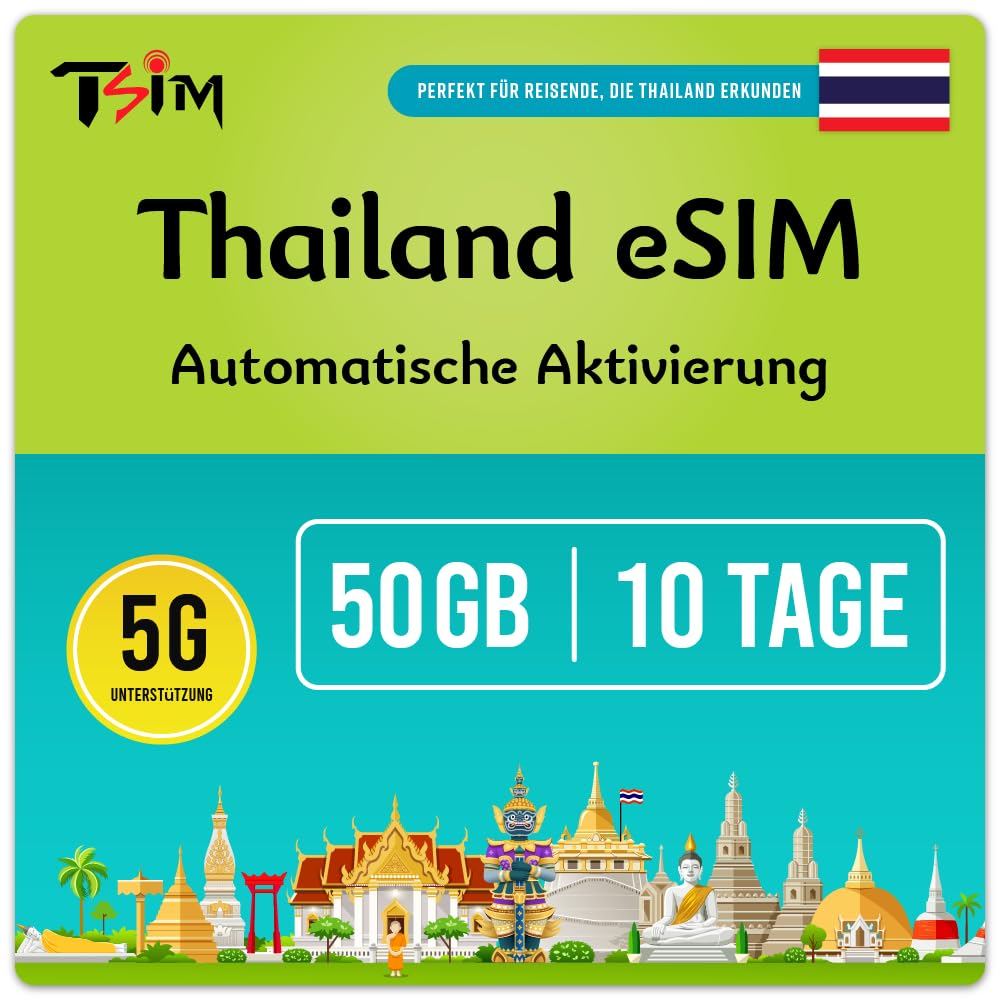 TSIM Thailand eSIM-Karte 10 Tage 50GB | Lokale Nummer + CallHome | Auto-Aktivierung | 5G AIS-Netzwerk mit Tethering/Hotspot/Internet-Sharing 10Day 50GB eSIM Angebot bei HelloDeals