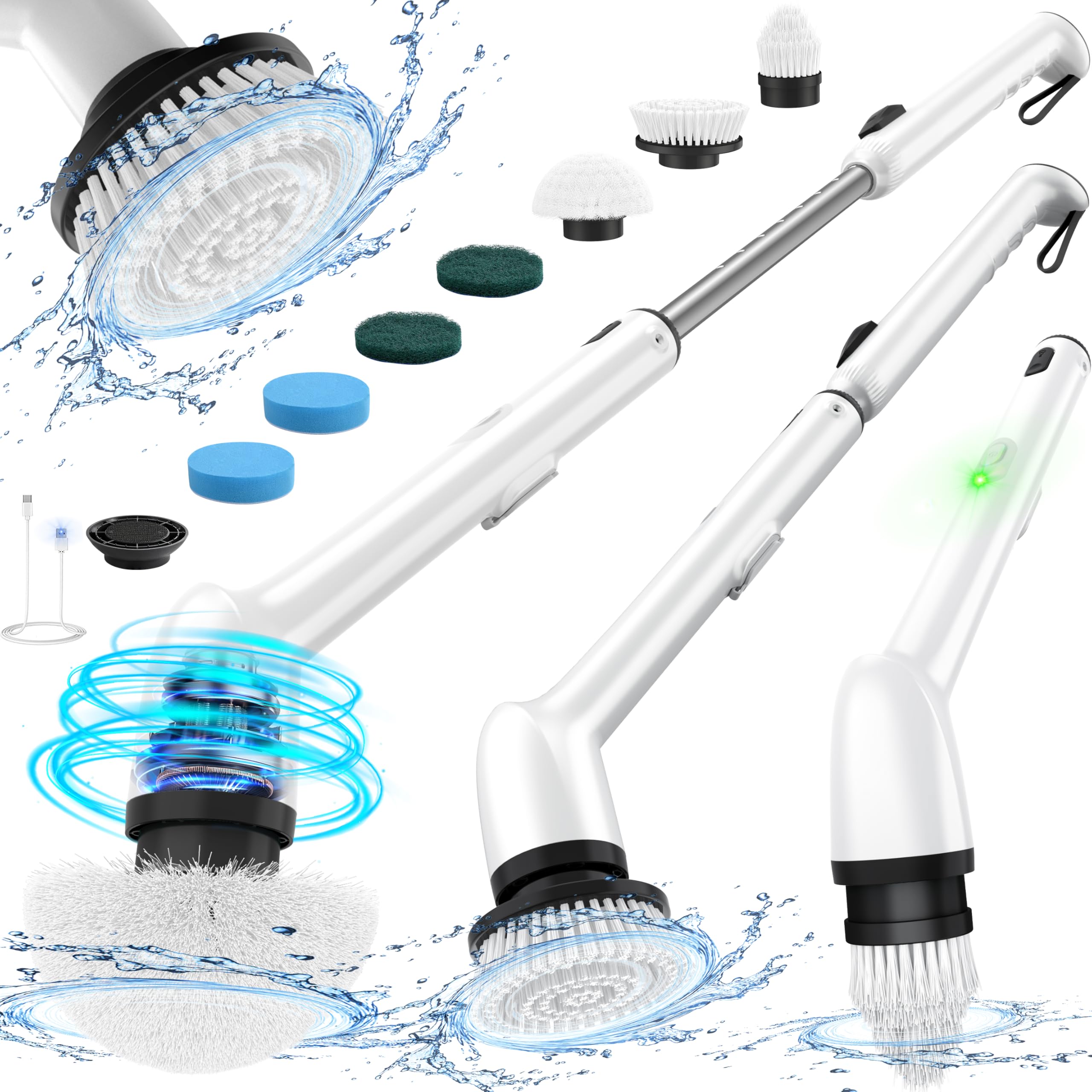 LyriFine Elektrische Reinigungsbürste, Neue Vollkörper-IPX7-Wasserdichte Electric Cleaning Brush, Elektrische Reinigungsbürste Haushalt mit langem Griff,2 Geschwindigkeiten, Ersatzköpfe für Badezimmer Weiß Angebot bei HelloDeals