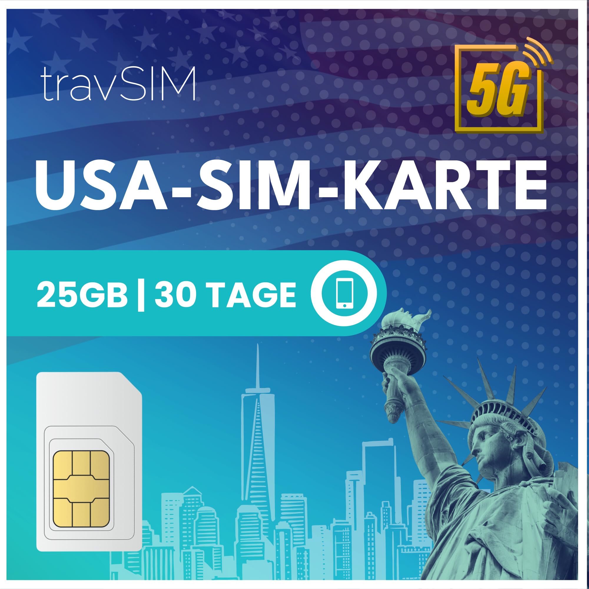 travSIM USA SIM Karte | 25GB Mobile Daten mit 4G/5G Geschwindigkeiten für die USA – Voller Zugang zu Google, Facebook, Whatsapp & Mehr | SIM Karte USA plan mit 30 Tagen Gültigkeit 30 Days - 25GB Angebot bei HelloDeals