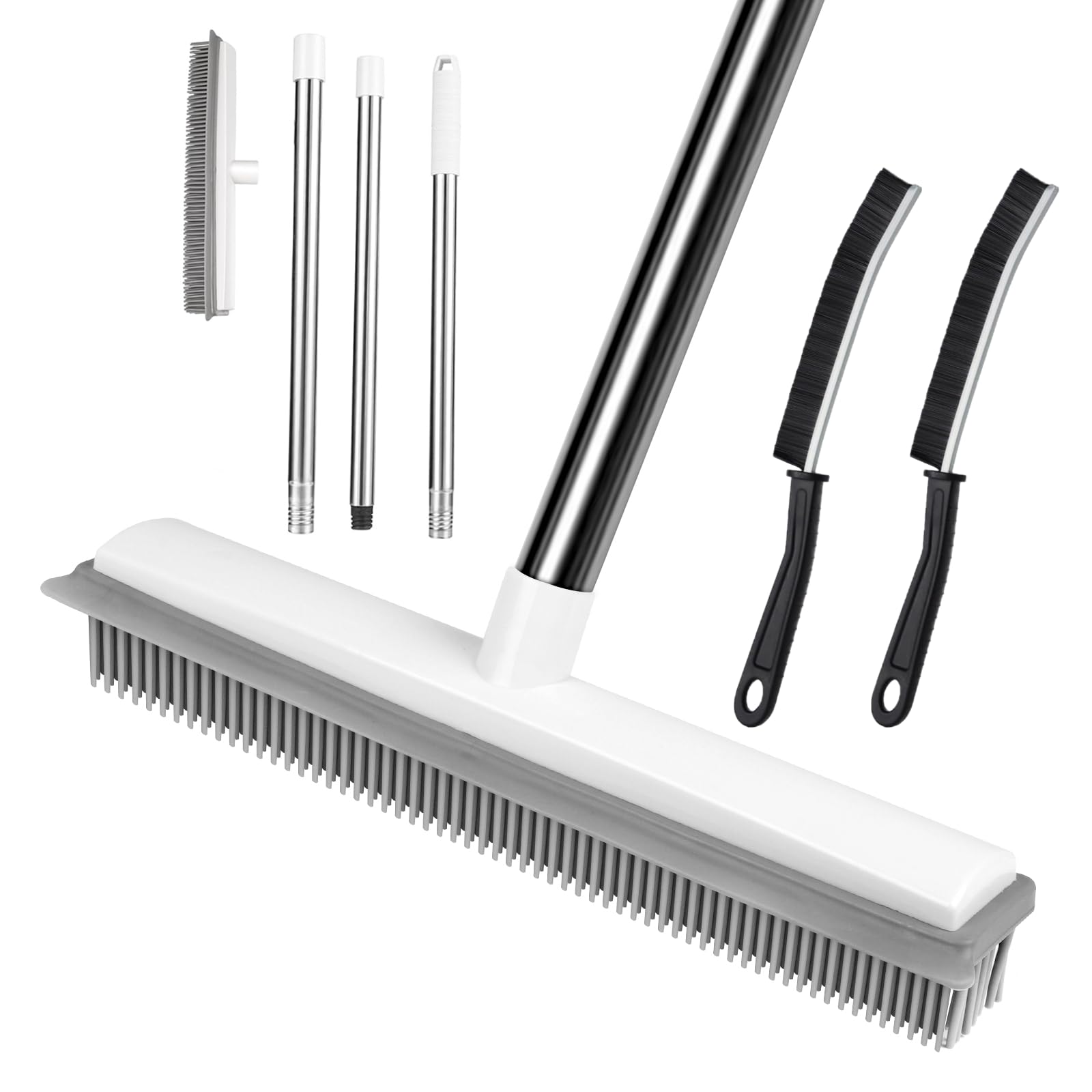 AMFUN 2 in 1 Gummibesen mit Stiel, Besen Gummiborsten, Langen Stiel Besen Entfernen von Tiere Katzen Hunde Haare, Bodenbürste für Bödenzum Teppiche Fliesen (mit 2 Hartborsten Eckenreinigungsbürste) Angebot bei HelloDeals