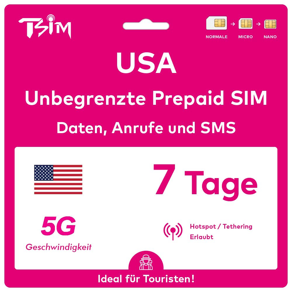 USA SIM-Karte 7 Tage. T-Mobile-Netz mit unbegrenztem Highspeed-Datenvolumen in 5G/4G/LTE | Unbegrenzte Anrufe und SMS innerhalb der USA (einschließlich Hawaii). 5G SIM-Karte! 7 Day Angebot bei HelloDeals