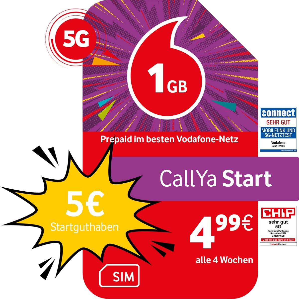 Vodafone Prepaid CallYa Start | 1 GB | 5 EUR Startguthaben | ohne Vertrag | 5G-Netz | Telefon- SMS-Flat | EU-Roaming Angebot bei HelloDeals