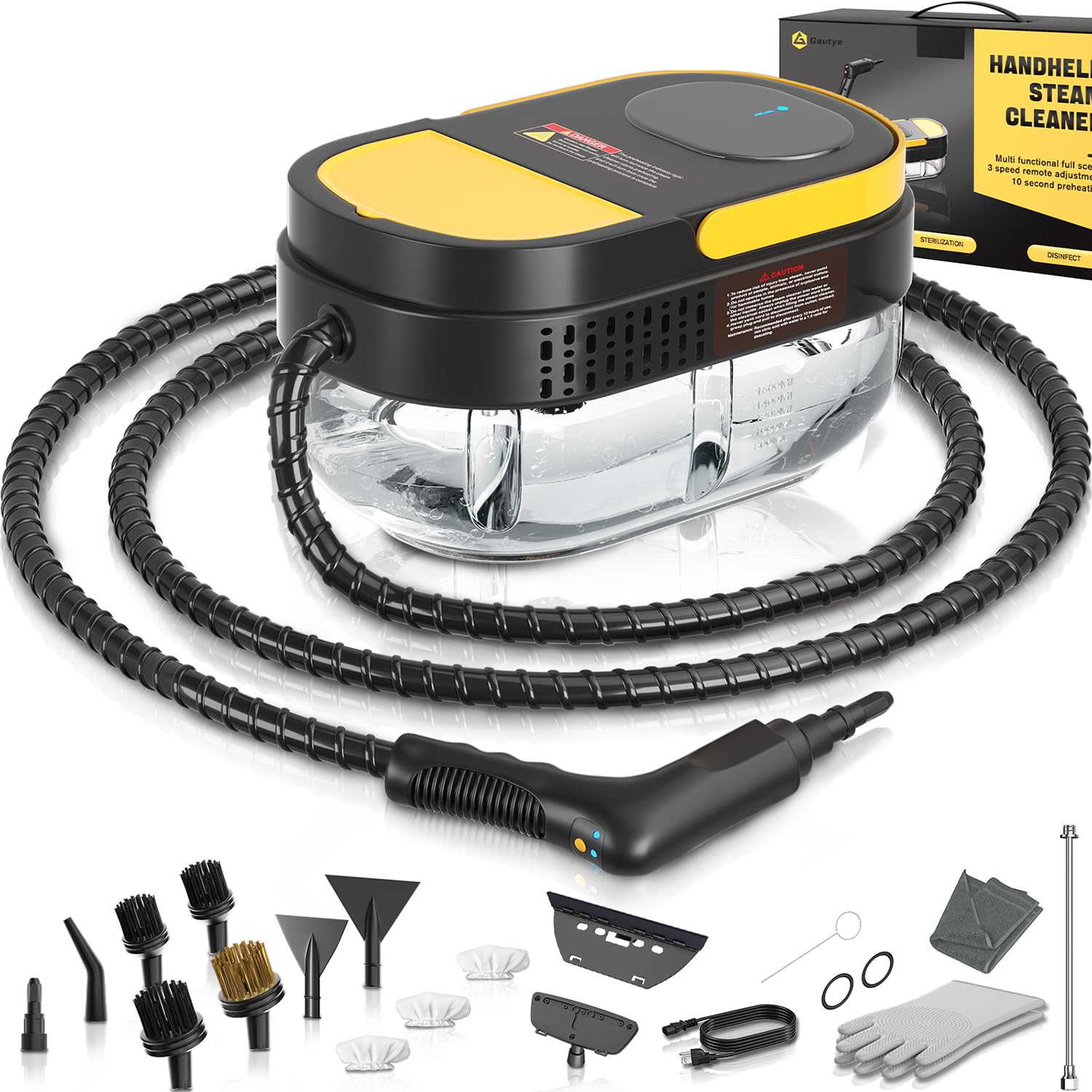 Gautye Dampfreiniger 3 stufig verstellbarer Griff, 15 Sekunden Aufheizzeit, 1,6L Wassertank, Dampfreiniger handgerät mit 11 Zubehörteilen, Steam Cleaner für Boden, Küche, Fenstern,Badezimmern, Autos Schwarzgelb Angebot bei HelloDeals
