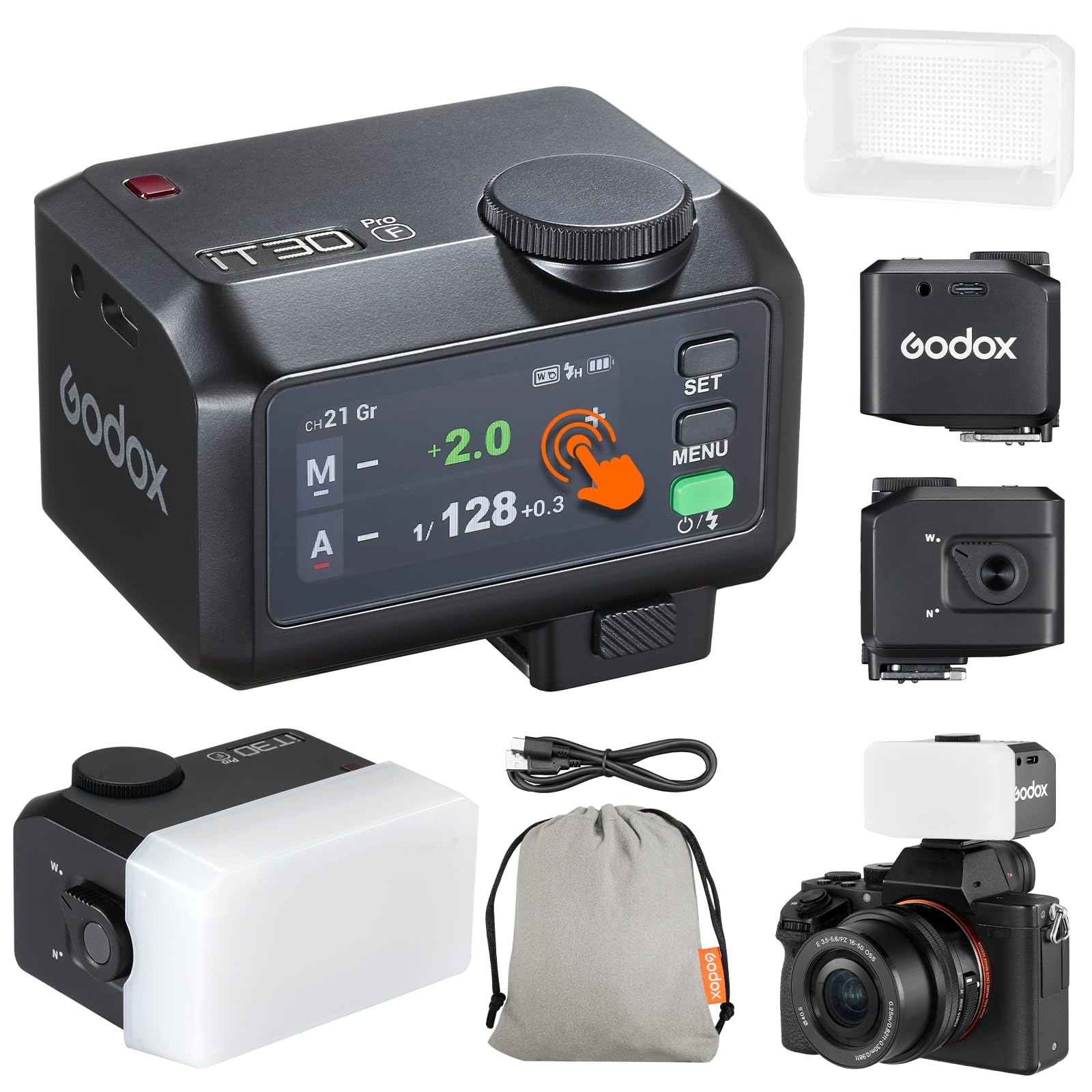 Godox iT30Pro-F iT30Pro F Mini KameraBlitz mit Weißem Diffusor Speedlite Camera Flash 560 Blitze bei Voller Wireless Master & Receiver Leistung 2.4G TTL Touchscreen für Fuji Kamera DSLR (Schwarz) IT30PRO-F black Angebot bei HelloDeals