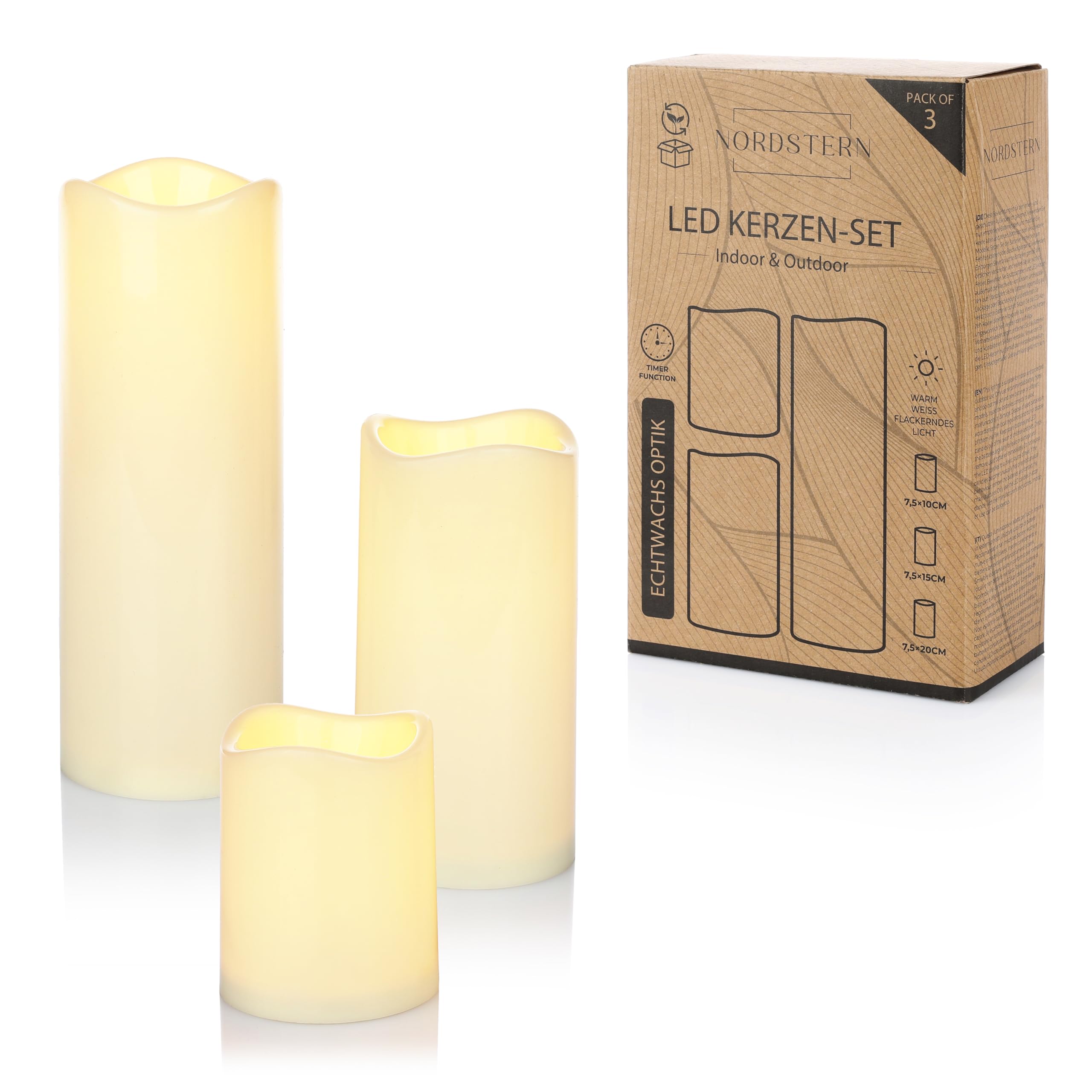Nordstern LED Kerzen 3er Set - Stumpenkerzen mit flackernden Licht und Timerfunktion - 6 h Warmweißes batteriebetriebenes Licht - Indoor & Outdoor Angebot bei HelloDeals