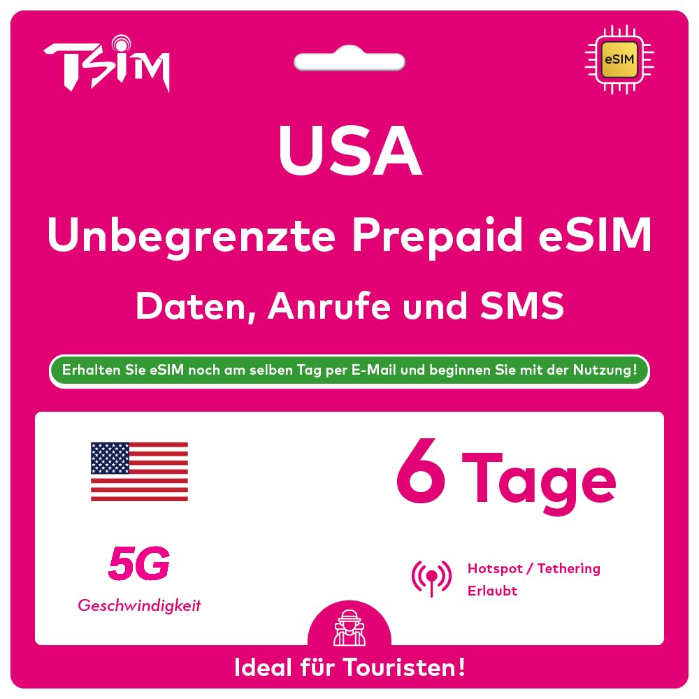 USA eSIM 6 Tage. T-Mobile Netzwerk mit Unbegrenzt Highspeed-Daten, Lokale Anrufe und SMS in den USA (Hawaii Inklusive). Erhalte eSIM Am Selben Tag per E-Mail und Beginne Sofort mit der Nutzung! 6 Day eSIM Angebot bei HelloDeals