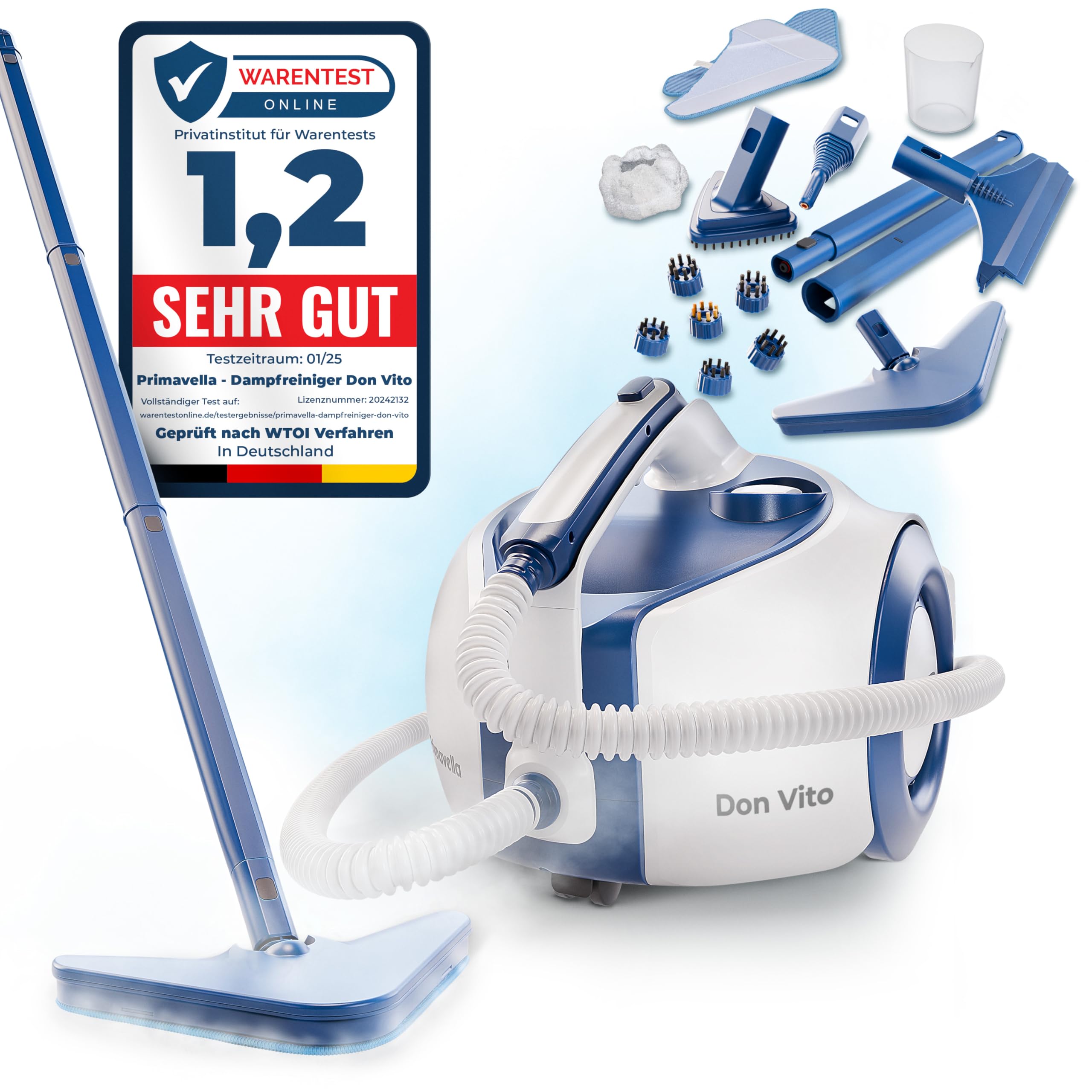 Primavella Dampfreiniger (Don Vito) - Leistungsstarker Steam Cleaner für Boden, Polstermöbel & Bad – Reiniger Dampf mit 3,5 Bar - 16x Zubehör für Fugen & Sofa – Vielseitige Dampfmaschine Angebot bei HelloDeals