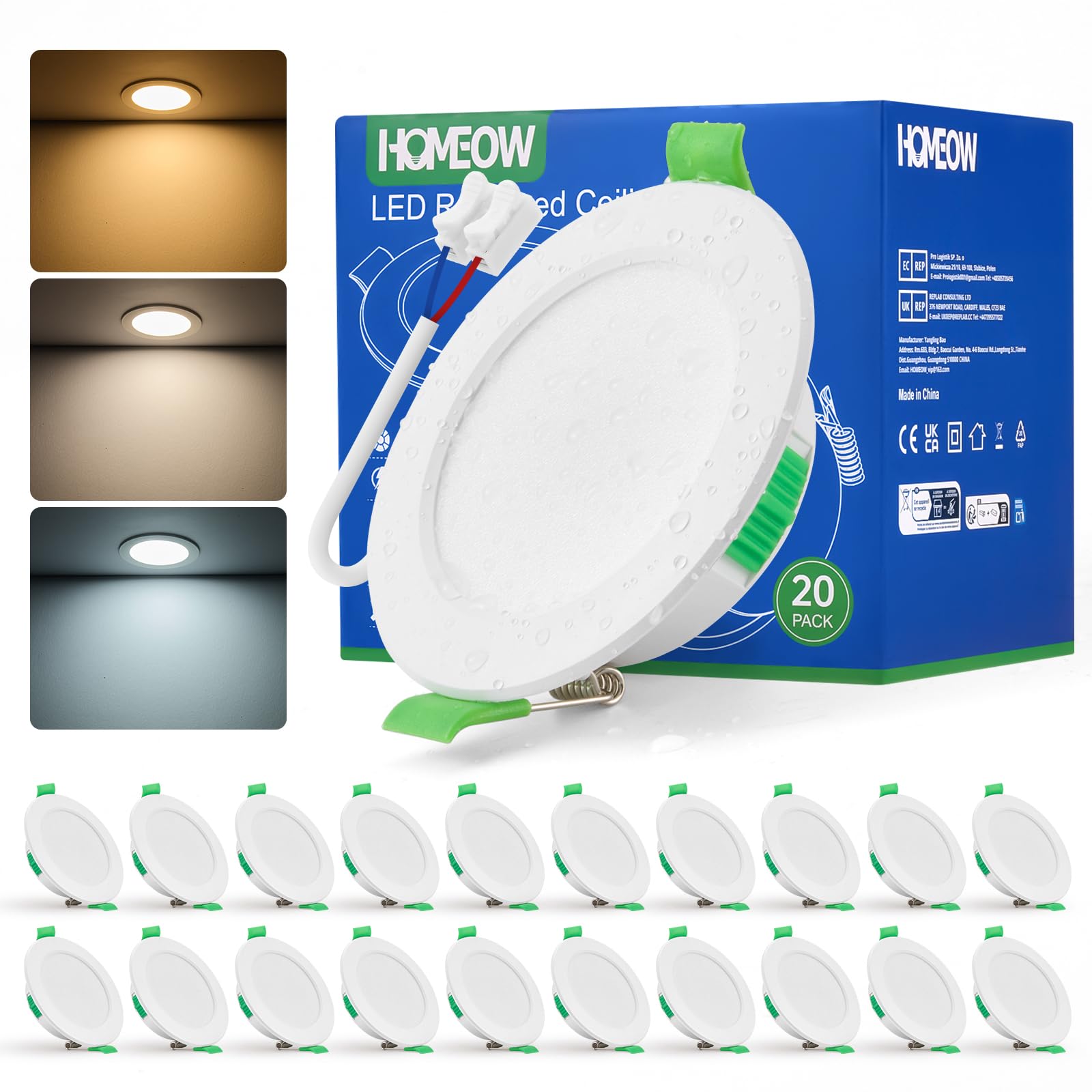 HOMEOW 20er Set LED Einbaustrahler 230V, 5W 400LM LED Spot 68mm - 78mm Lochmaß, IP44 Warmweiß Neutralweiß Kaltweiß Deckenspots, 24mm Ultra Flach Einbauleuchten für Badezimmer Küche Angebot bei HelloDeals