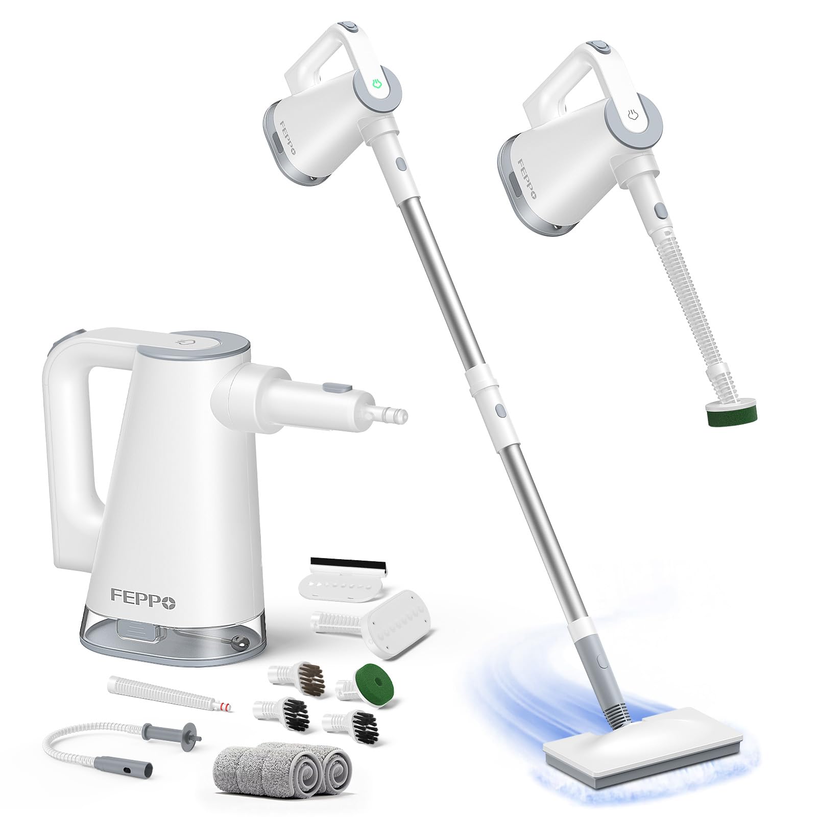 FEPPO Dampfreiniger mit abnehmbarem dampfreiniger handgerät,10-in-1 Multifunktionsgerät mit Aufsätzen & 2 Pads, leistungsstarker Dampfbesen für Böden, Parkett, Fliesen, Fugen, Fenster, Küche & Bad Weiß Angebot bei HelloDeals