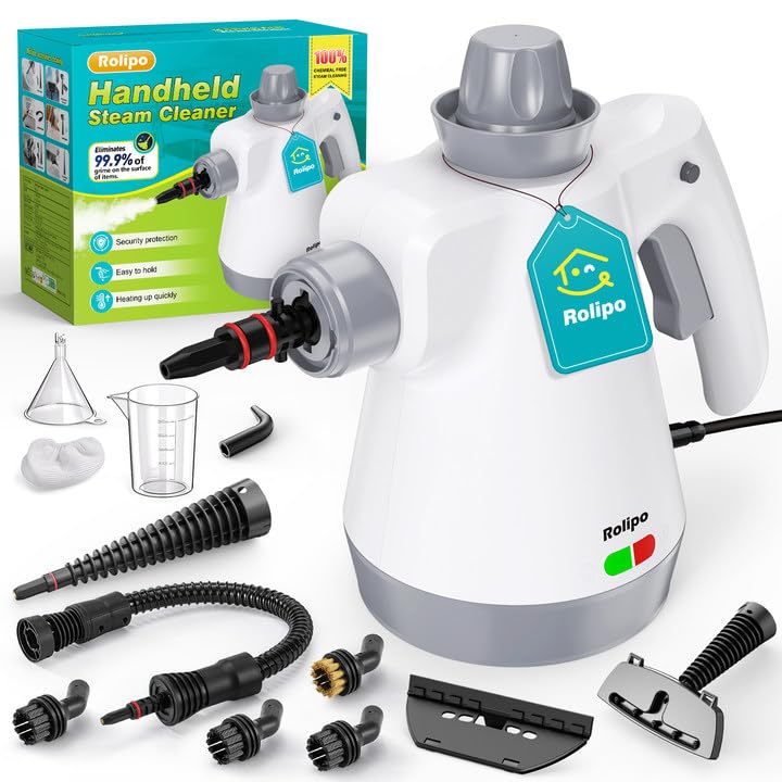 Rolipo Dampfreiniger Handgerät mit 12-Teiligem Zubehör, 1050W Steam Cleaner für Haushalt, Küche, Bad, Fenster, Polster & Auto–100% Chemiefrei, Hochdruck-Dampf gegen Schmutz Fett & Bakterien Weiß Angebot bei HelloDeals