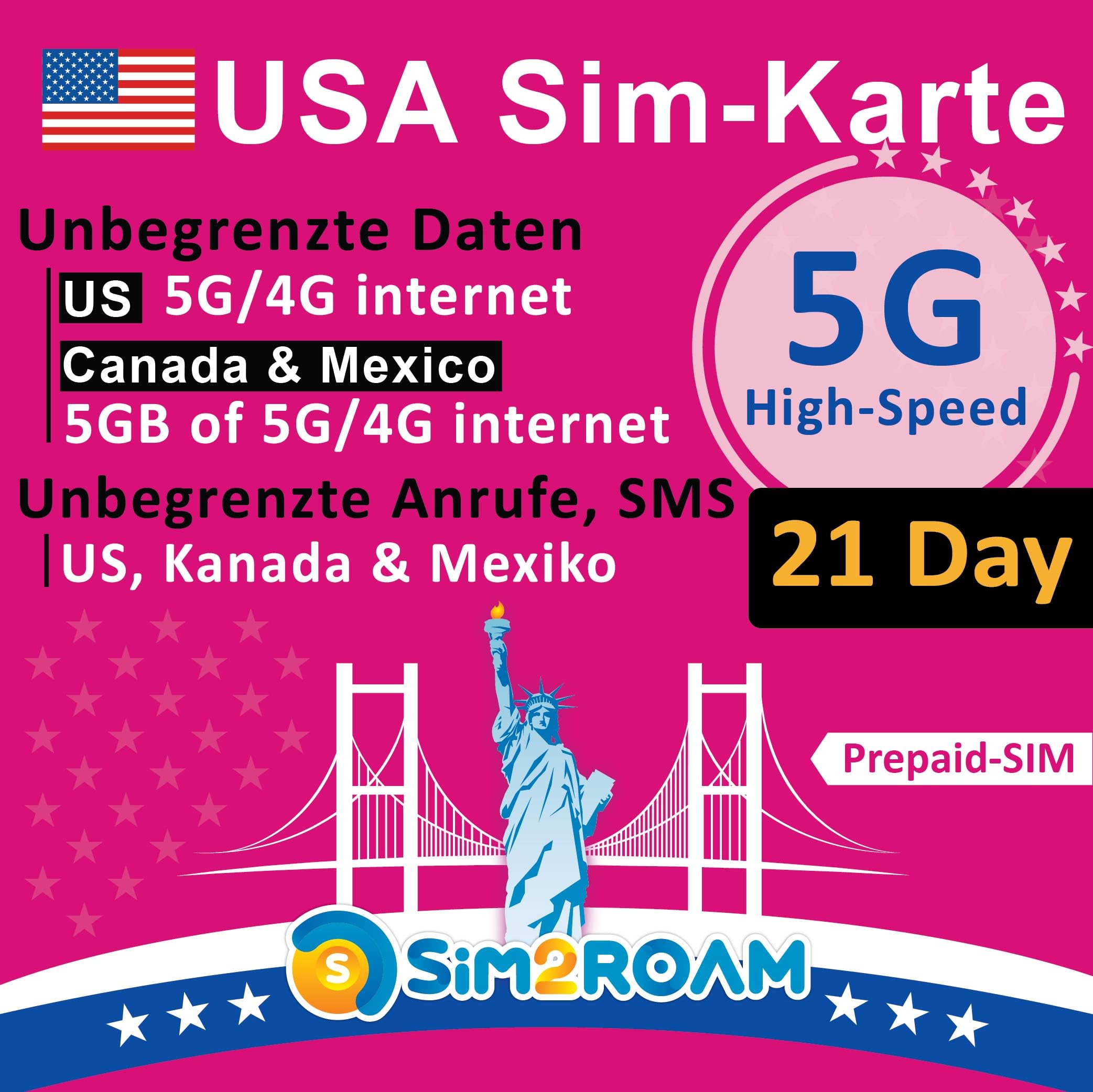 USA SIM-Karte 21 Tage (Verwendet T-Mobile-Netz) | Unbegrenzte 5G/4G-Daten in den USA + 5 GB in Kanada/Mexiko | Unbegrenzte Anrufe und SMS in den USA, Kanada und Mexiko | Aufladbar! 21Days Angebot bei HelloDeals