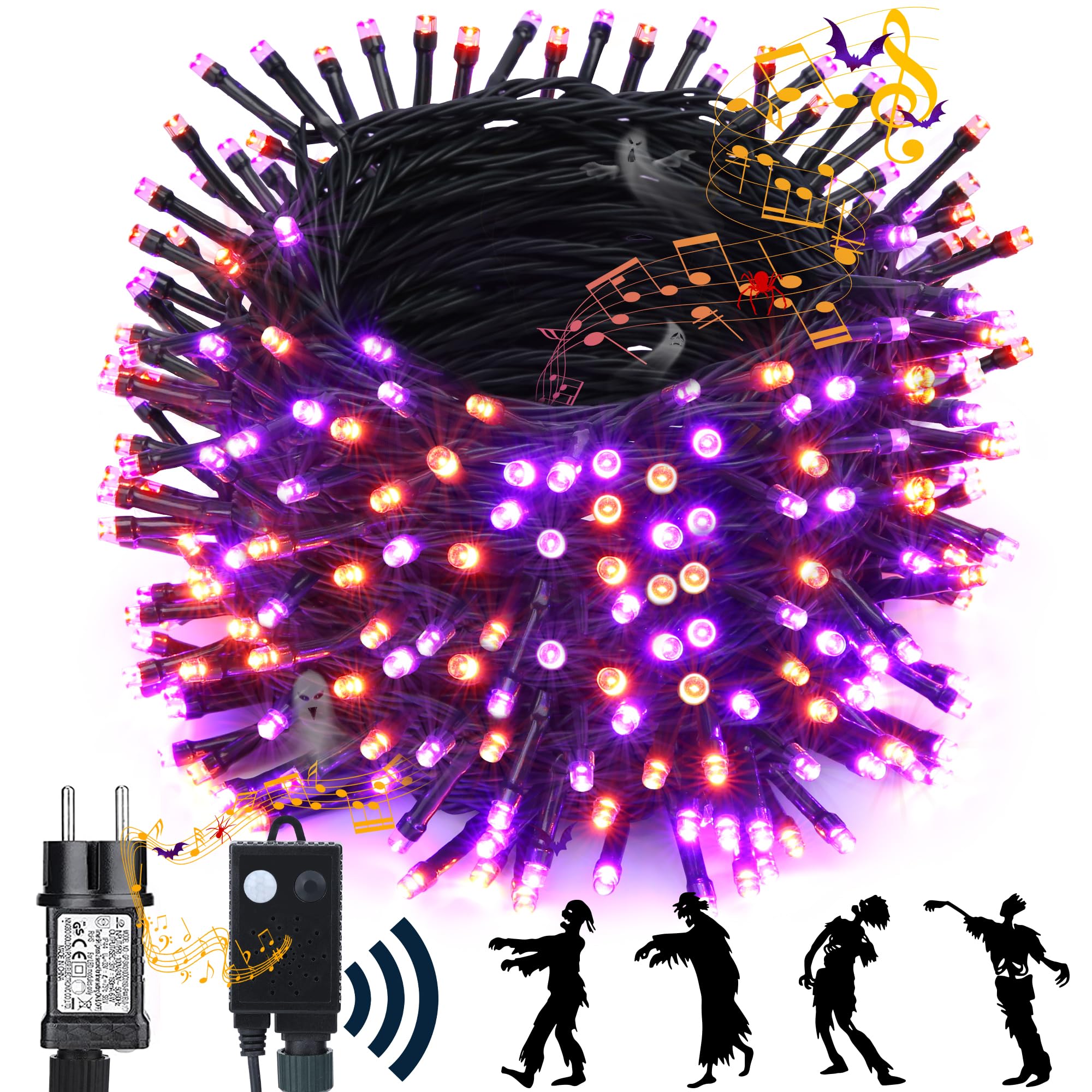 NEXVIN Halloween Deko Outdoor mit Lichterkette und Horror Sound, 25M 200LED Halloween Lichterkette Lila Orange, Memory Funktion & 6 Modi, Wasserdichte Lichterkette für Innen Garten Party Angebot bei HelloDeals