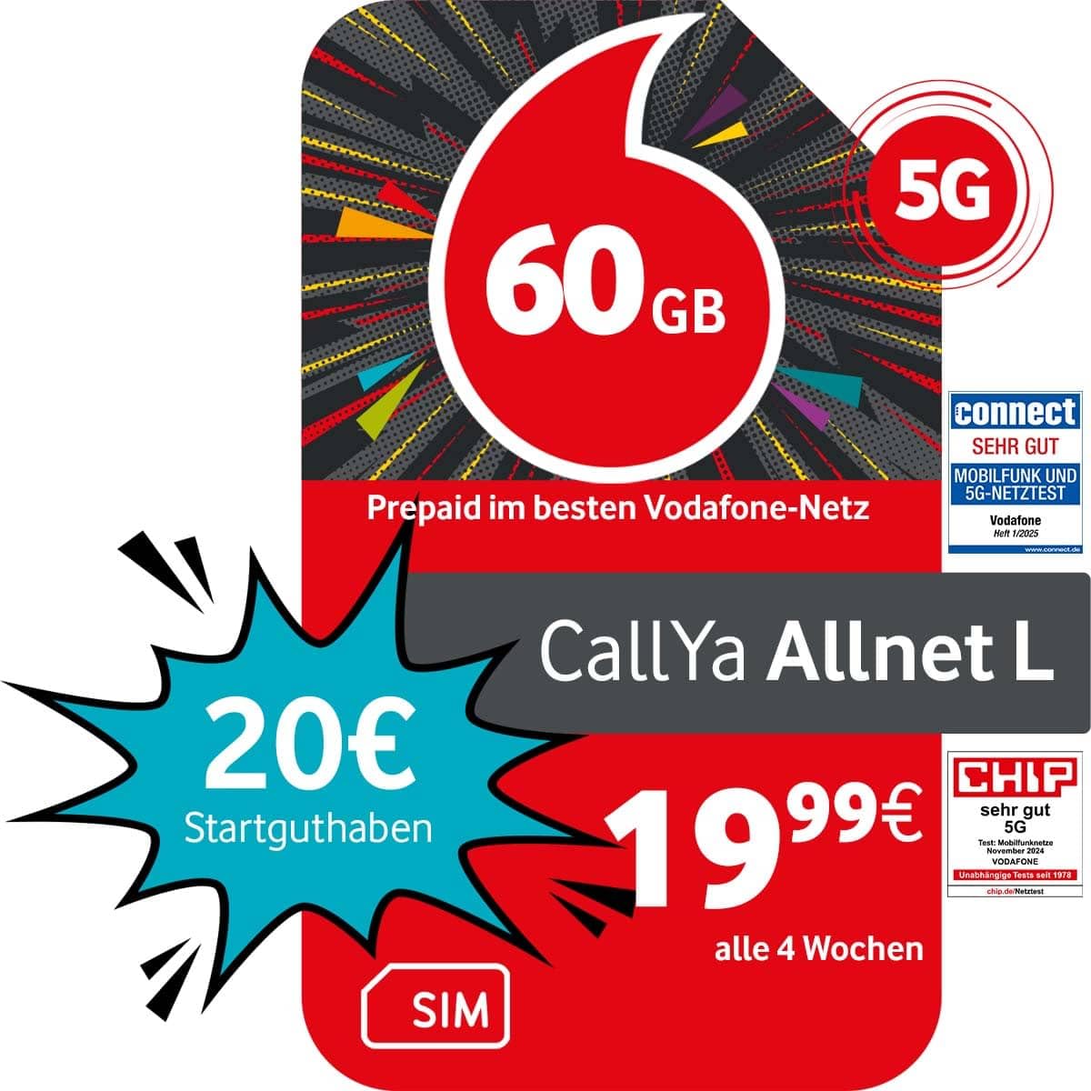 Vodafone Prepaid CallYa Allnet L | 60 GB | 20 EUR Startguthaben | 5 GB gratis im Roaming-Special | ohne Vertrag | 5G-Netz | Telefon- SMS-Flat | EU-Roaming 1 Monat Angebot bei HelloDeals