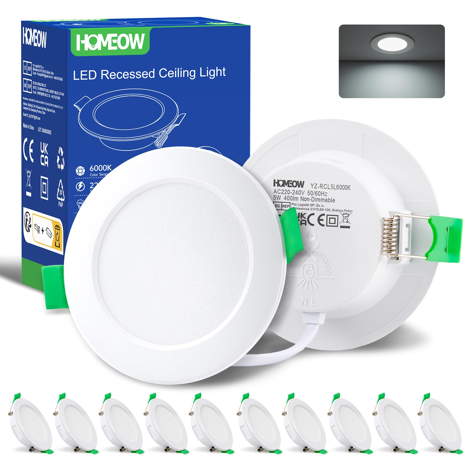 HOMEOW Einbaustrahler LED 230V Flach 68mm, Deckenspots 5W 400 Lumen, Einbauleuchten Decke LED Kaltweiß 6000K, IP44 LED Spots für Badezimmer Küche, 10er Set Kaltweiß 5W, 68-78mm Lochmaß Angebot bei HelloDeals