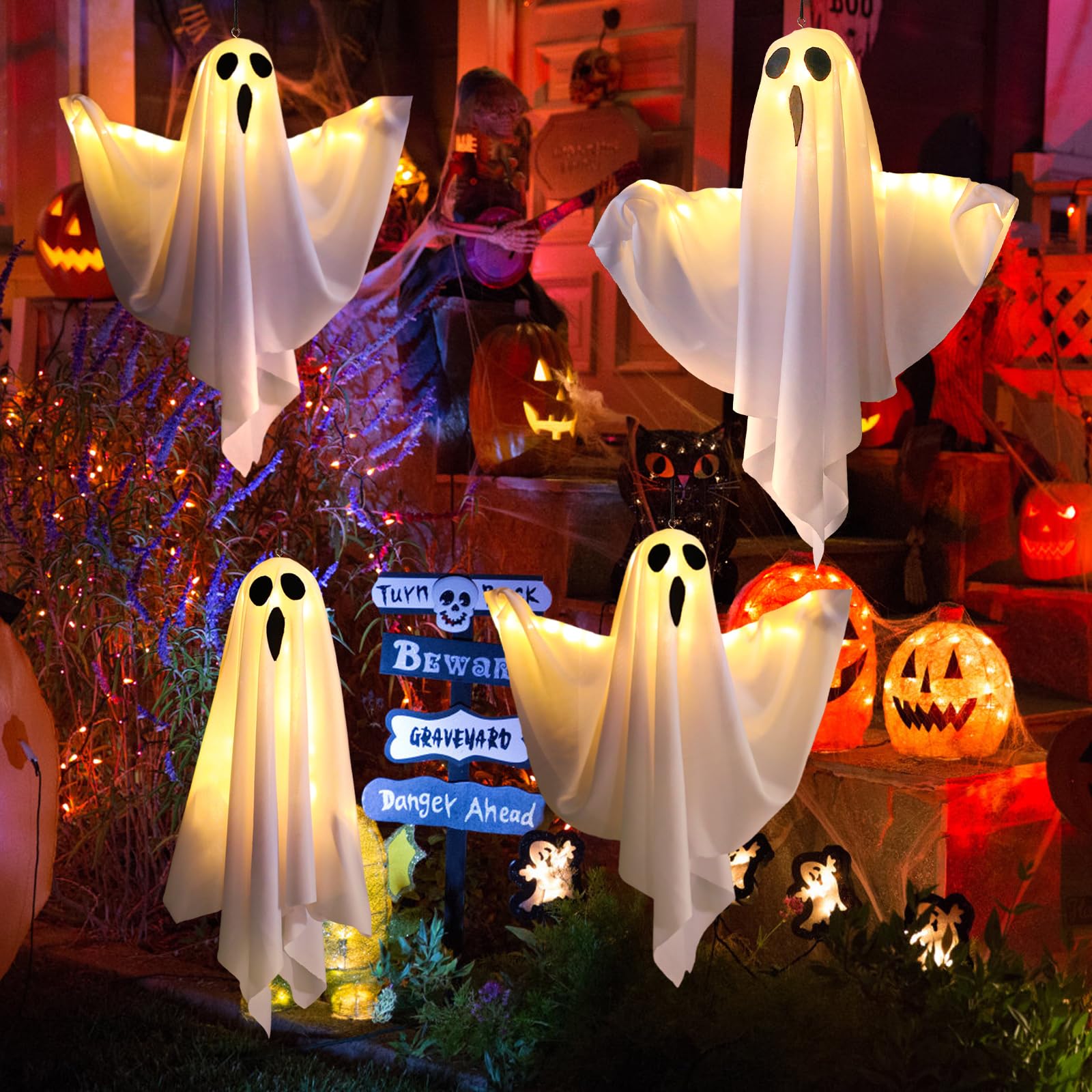 Halloween Gespenster Dekorationen, CNMTCCO 4 Stück Halloween Hängende Gespenster mit LED Lichtern, Hängende Dekorationen für Party Terrassentür Fenster Baum Veranda Haus Rasen Wand (Weiß) Angebot bei HelloDeals