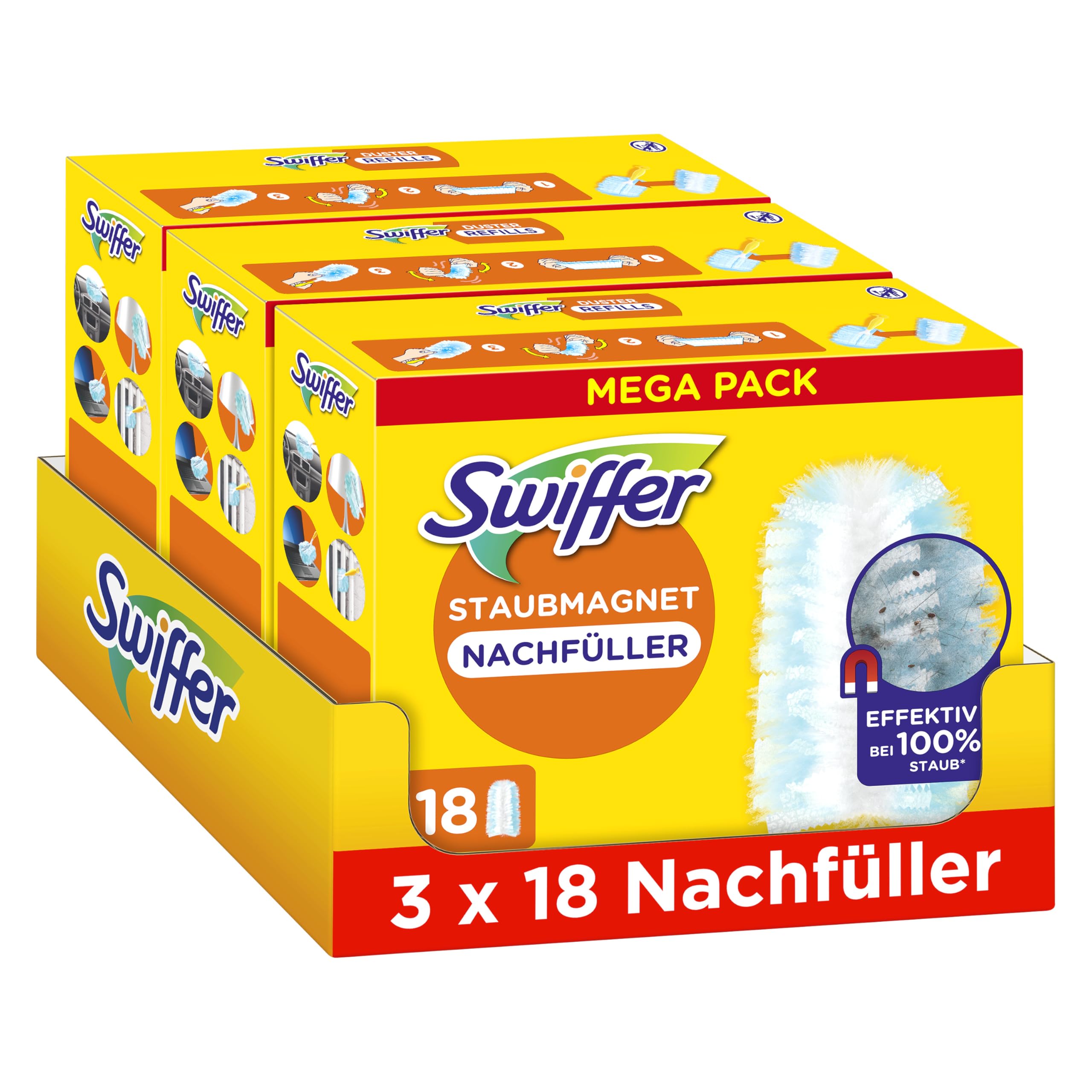 Swiffer Staubmagnet Nachfüllpackung, 54 Tücher (3×18), Fängt Und Schließt 3-mal Mehr Staub Und Haare Ein Als Herkömmliche Staubwedel 54 Tücher (3x18) Angebot bei HelloDeals