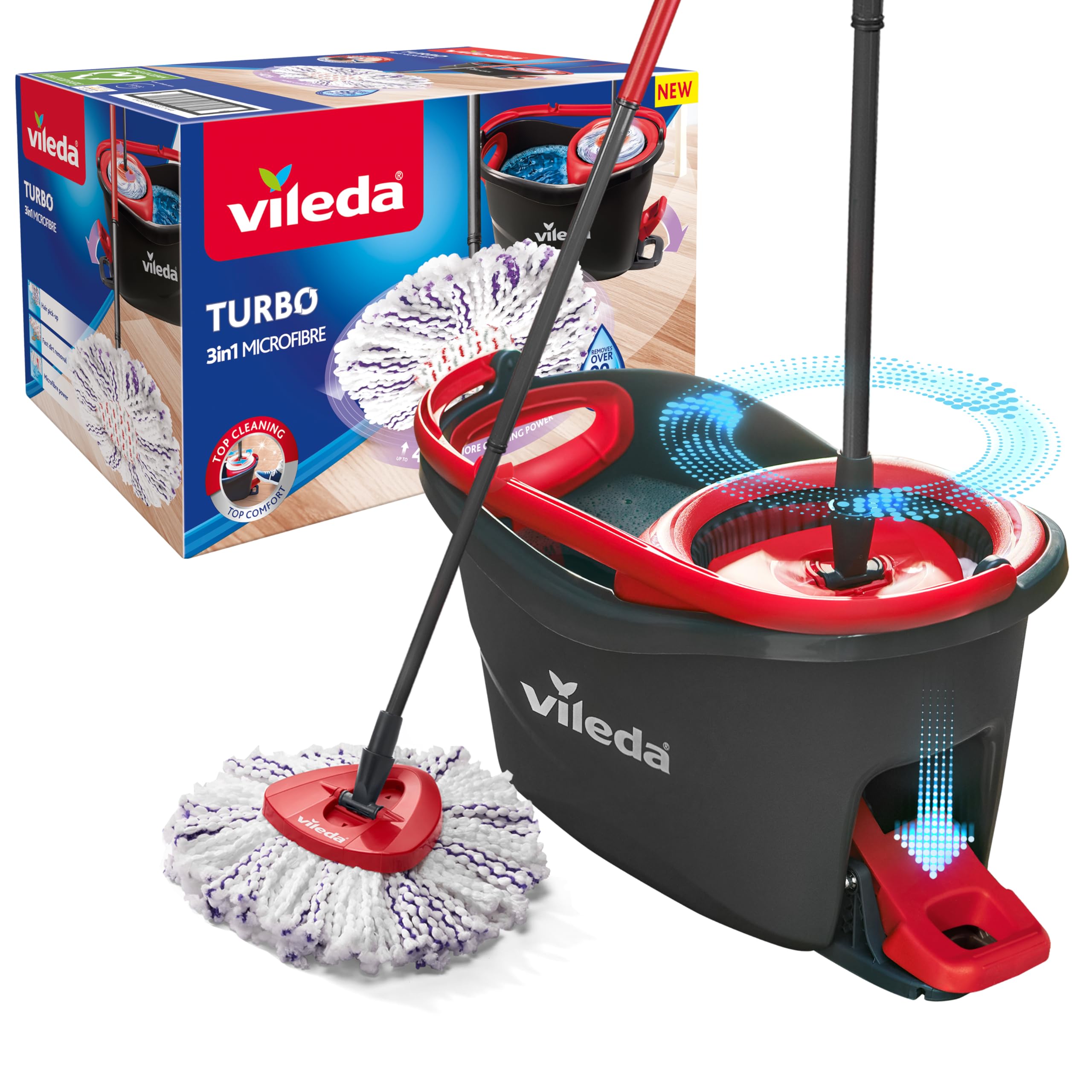 Vileda Turbo 3in1 Komplett-Set | Wischmopp mit Mikrofaser-Moppkopf gegen hartnäckigen Schmutz | Eimer mit Pedal-Schleuder - Für alle Böden | Entfernt 99% der Bakterien,Teleskopstiel 85–123cm Turbo 3in1 Komplettset Angebot bei HelloDeals