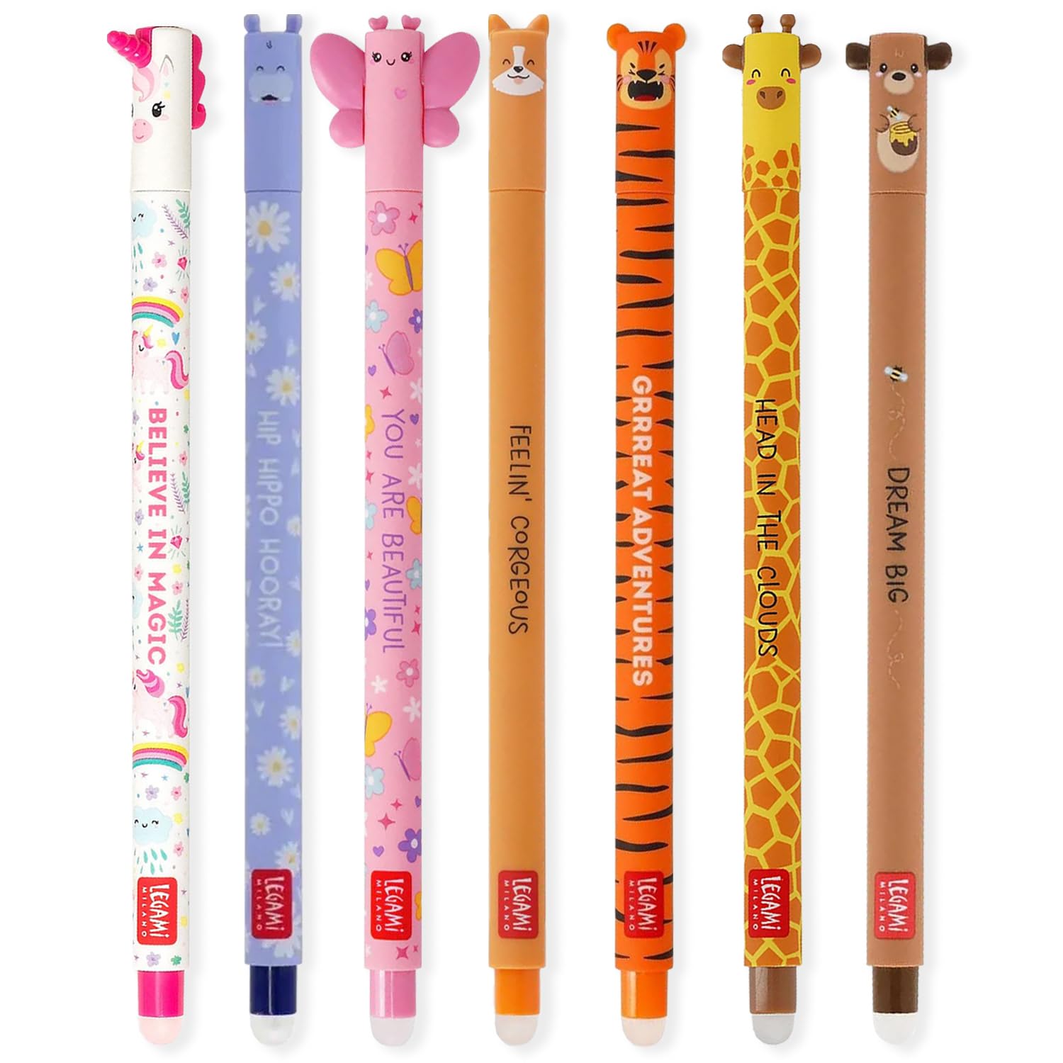 LEGAMI Set mit 7 radierbaren Gelstiften mit thermoempfindlicher Radiertinte, verschiedene Tintenfarben und Schaftdesigns, 0,7 mm Spitze, Einhorn, Nilpferd, Schmetterling, Corgi, Tiger, Giraffe, 7er Set Angebot bei HelloDeals