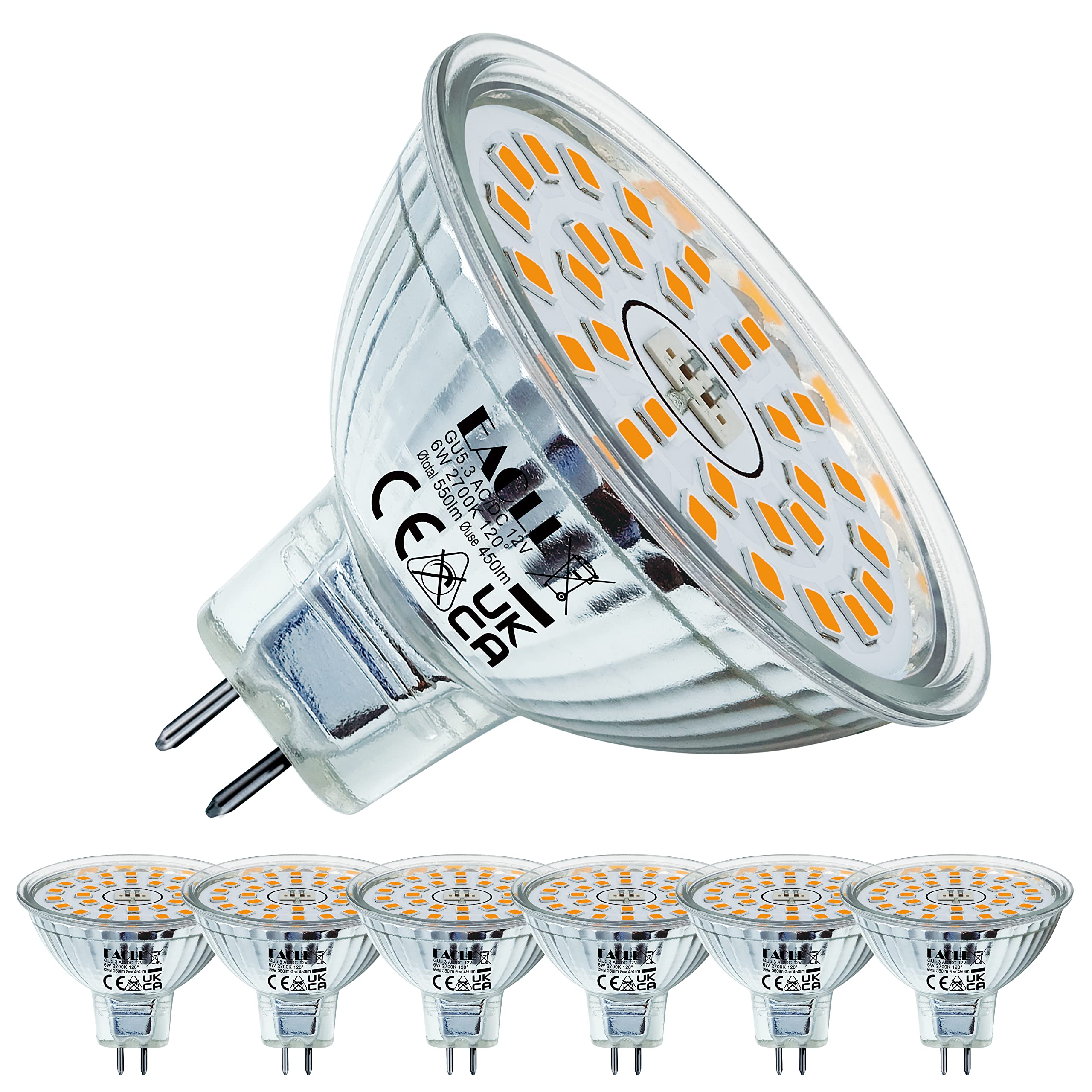 EACLL GU5.3 LED Warmweiß 6W Ersetzt 50W Halogen MR16 Glühbirne, 6er-Pack, 550 Lumen 2700K Leuchtmittel, AC/DC 12V Flimmerfrei Strahler, Abstrahlwinkel 120 Grad Spot, Nicht Dimmbar Reflektorlampen 2700k Warmweiss Licht 6 Stück (1er Pack) 6W Angebot bei HelloDeals