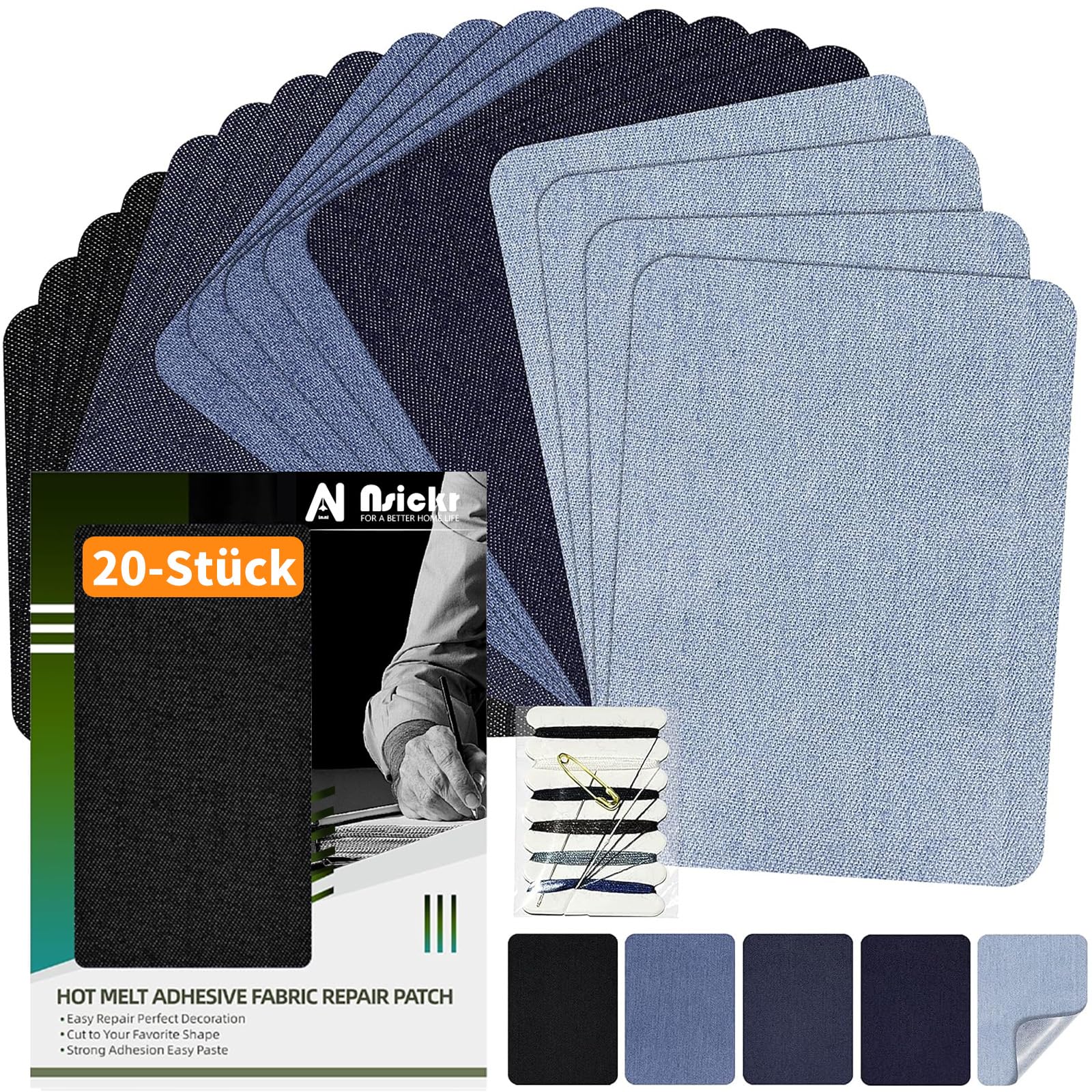 Nsickr -20 StückJean Patches zum Bügeln auf innen und außen. Verschiedene Blautöne Patches Repair Kit. Jeans. Reparaturset für Kleidung. Starker Klebstoff. (Fünf Farben, 7.5×10.5 CM) 7.5×10.5 CM Fünf Farben Angebot bei HelloDeals