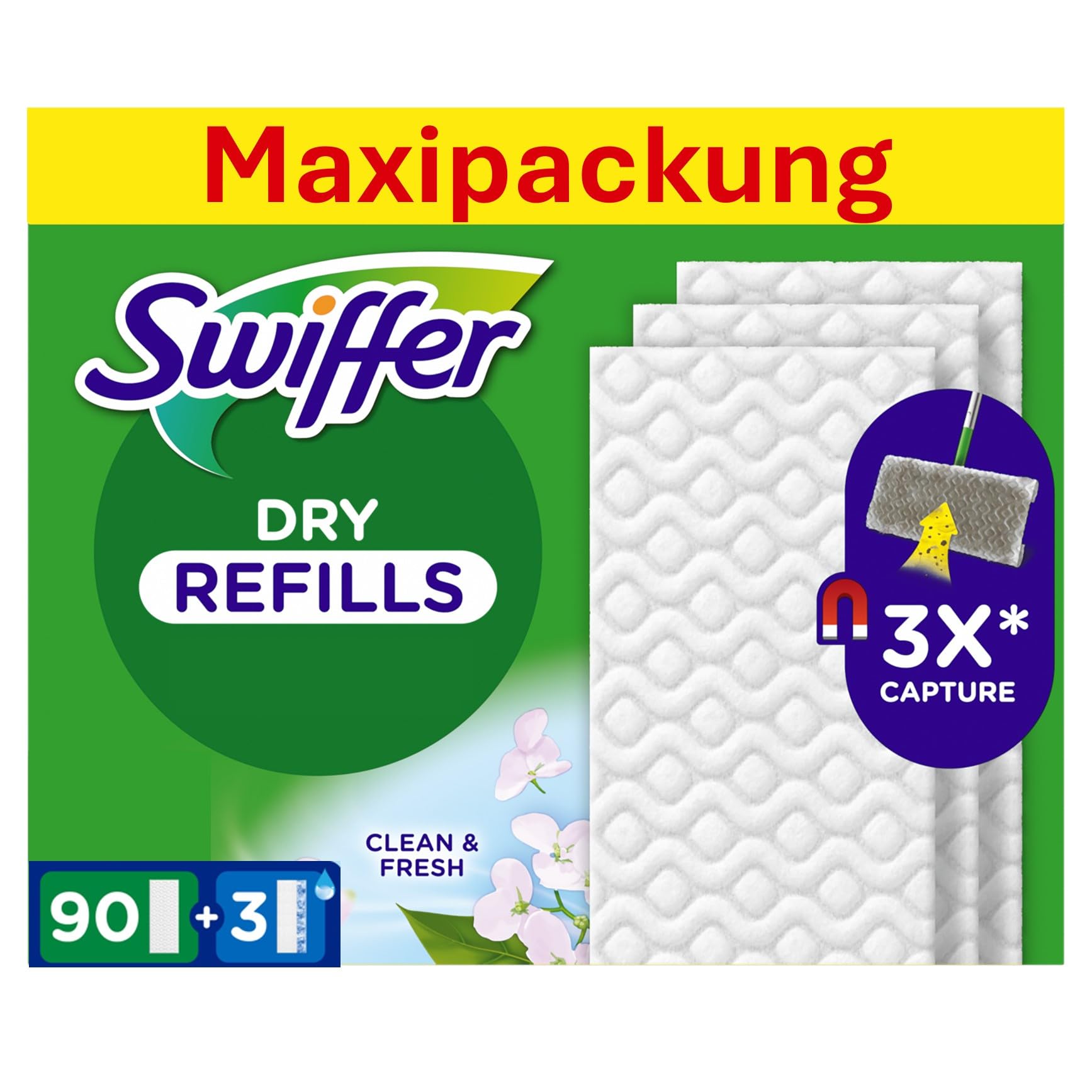 Swiffer Bodenwischer Nachfüllpackung, 90 Trockene Und 3 Feuchte Bodentücher, Nimmt Schmutz Auf Und Schließt Ihn Ein 90 Trockentücher + 3 Wet Wischtücher Angebot bei HelloDeals