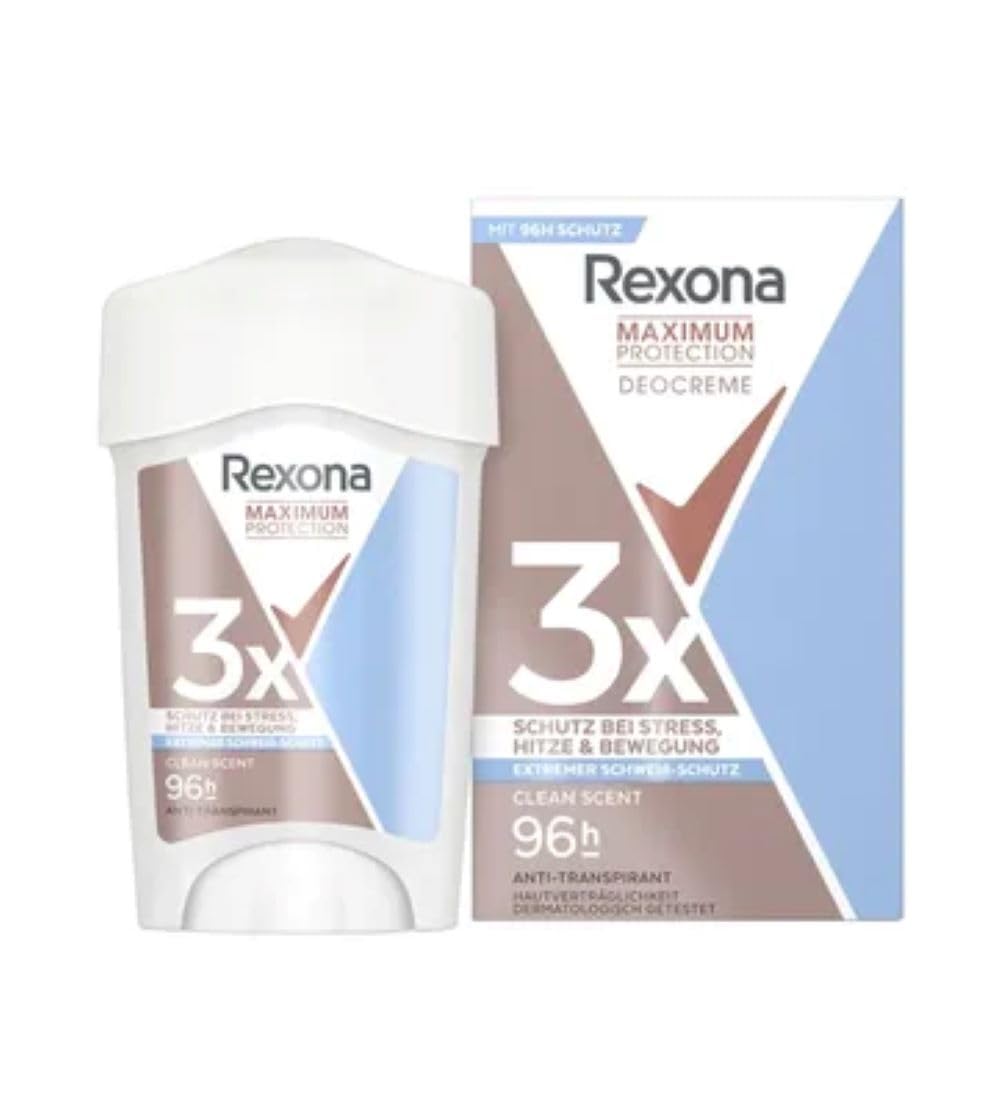 Rexona Women Maximum Protection Anti Transpirant Deo Creme Clean Scent Deodorant mit 96 Stunden Schutz gegen starkes Schwitzen und Geruch mit 3x Schutz bei Stress, Hitze & Bewegung 45 ml Frisch 45 ml (1er Pack) Angebot bei HelloDeals