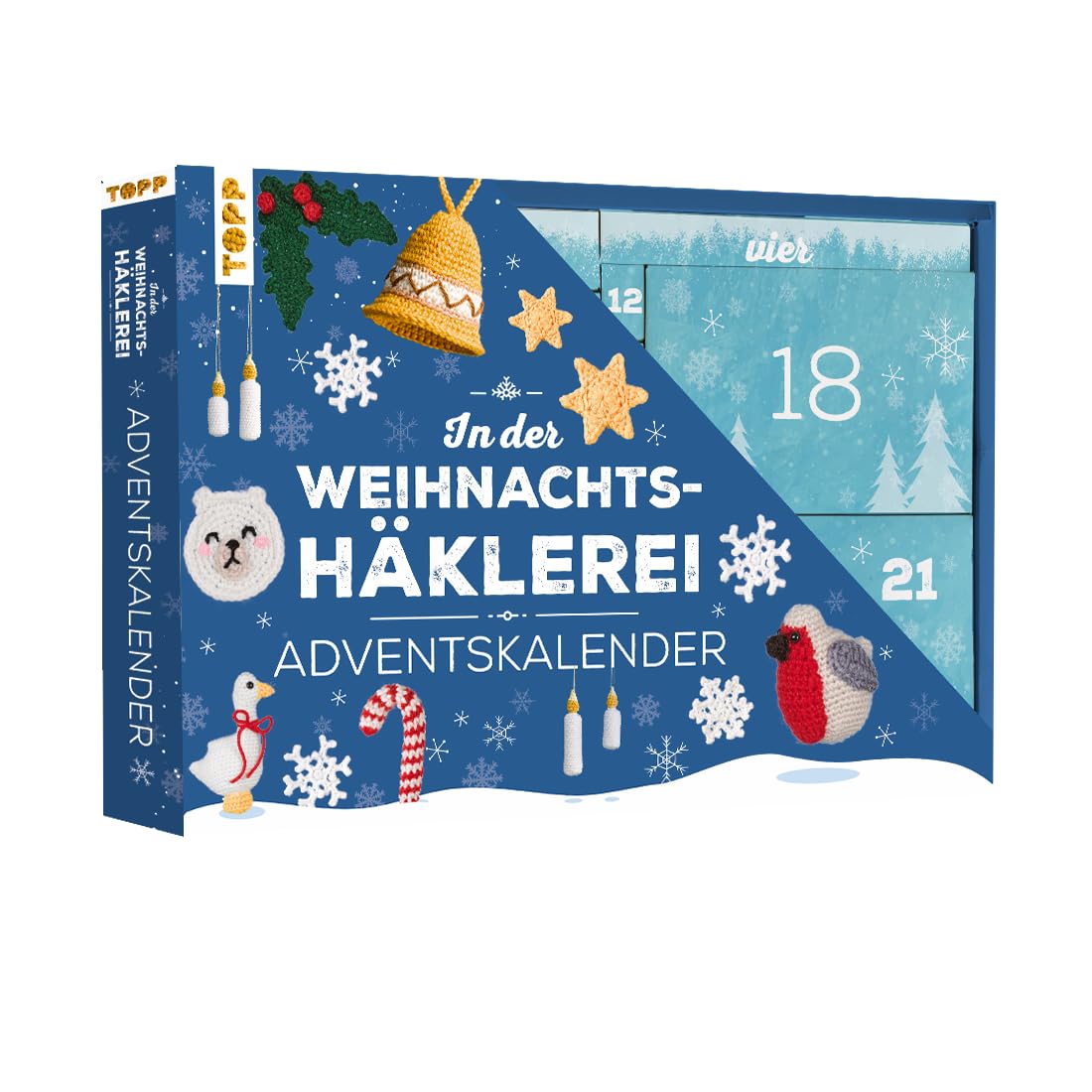 In der Weihnachtshäklerei - Der Adventskalender mit Material und Anleitungsbuch für 24 Häkelprojekte: Box (38,5 x 26,5 x 5 cm) mit 24 kleinen Boxen, Garn (100 % Acryl), Zubehör für 24 Häkelprojekte Angebot bei HelloDeals