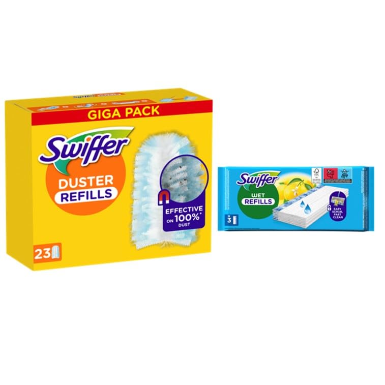 Swiffer Staubmagnet Nachfüllpackung, 23 Tücher Und 3 Feuchte Bodentücher, Fängt Und Schließt 3-mal Mehr Staub Und Haare Ein Als Herkömmliche Staubwedel 23 Tücher + 3 Wet Wischtücher Angebot bei HelloDeals