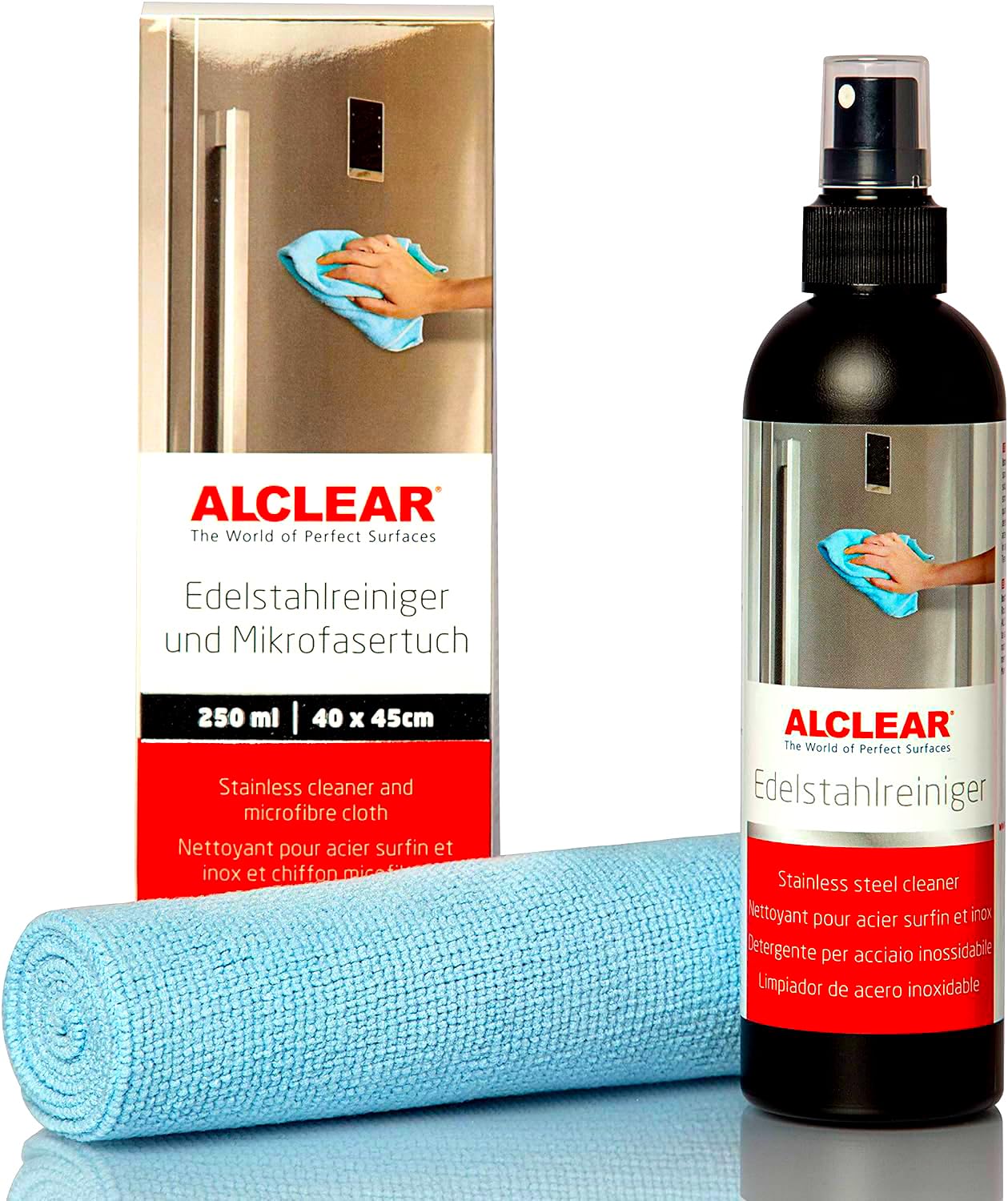 ALCLEAR 721ER Edelstahlreiniger Set + Mikrofasertuch - Reiniger für Edelstahlflächen, streifenfrei fettlösend für Küche, Kühlschrankfront, Dunstabzug & mehr – Reinigung ohne Politur – Made in Germany Alclear Edelstahlreiniger Angebot bei HelloDeals
