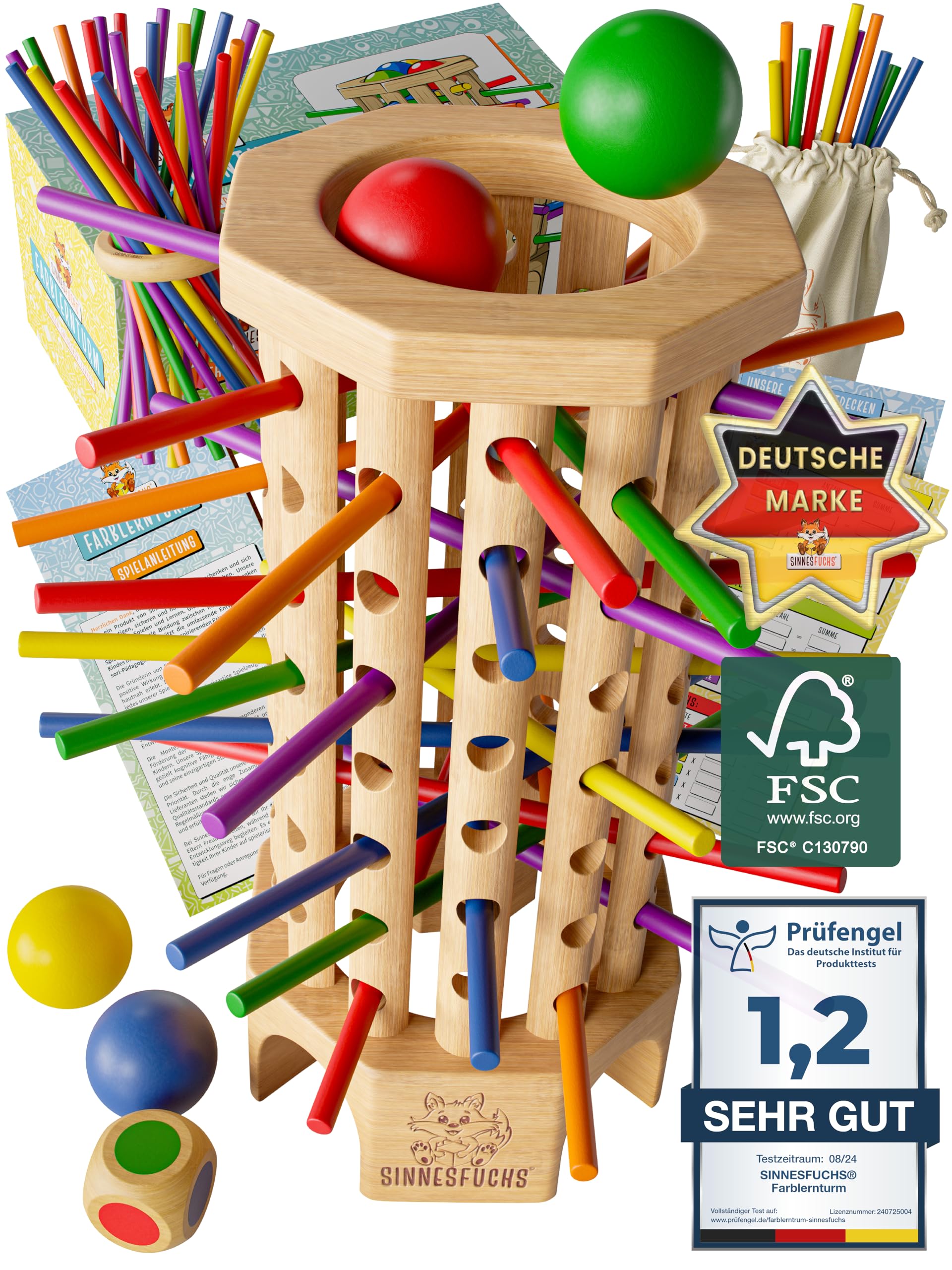 SINNESFUCHS® Farblernturm - FSC® 100% - Montessori Spielzeug ab 3 Jahre - Holzspielzeug pädagogisch wertvoll - Lernspiele ab 3 Jahre - Kinder Farben Stäbchen Holz Spiel - Kinderspiele ab 4 Jahre Angebot bei HelloDeals