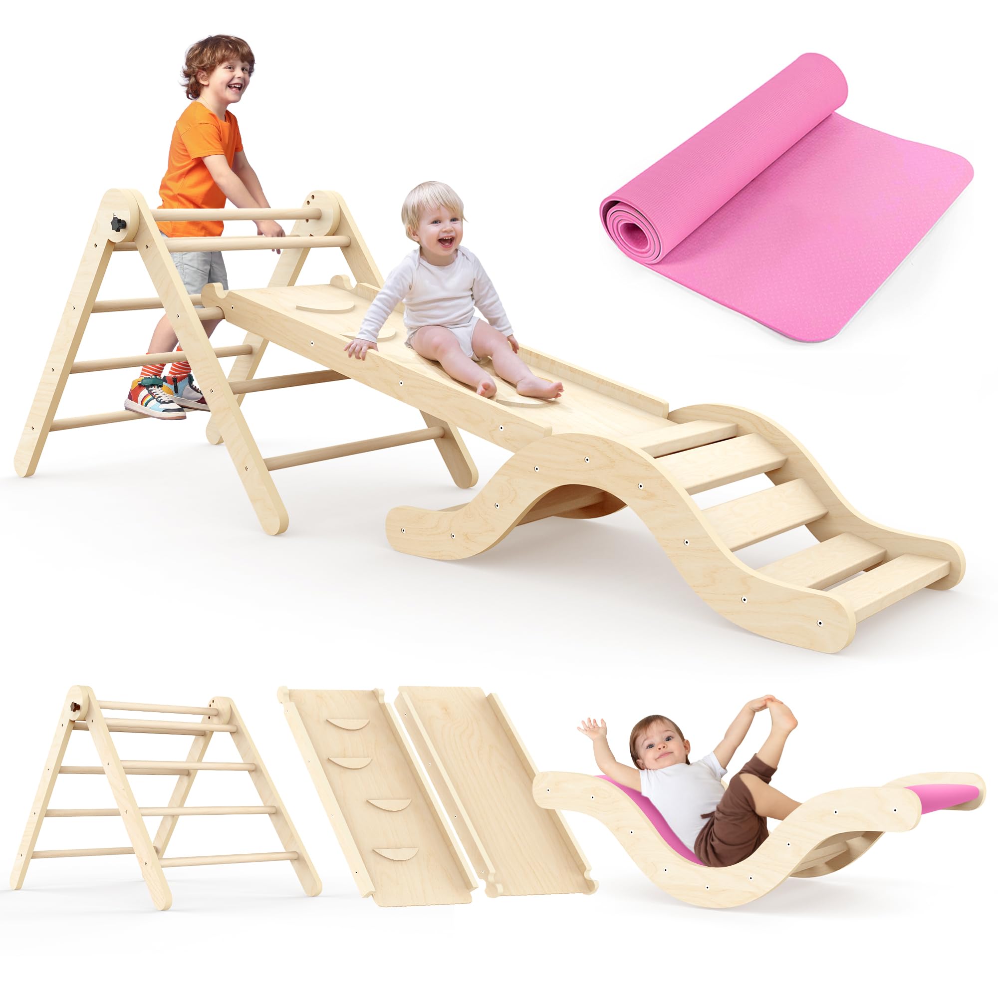 Montessori Indoor Spielset: 7-in-1 Klettergerüst mit Rutsche, Bogen & Matte für Kleinkinder und Kinder (1-3 Jahre) Natural Angebot bei HelloDeals