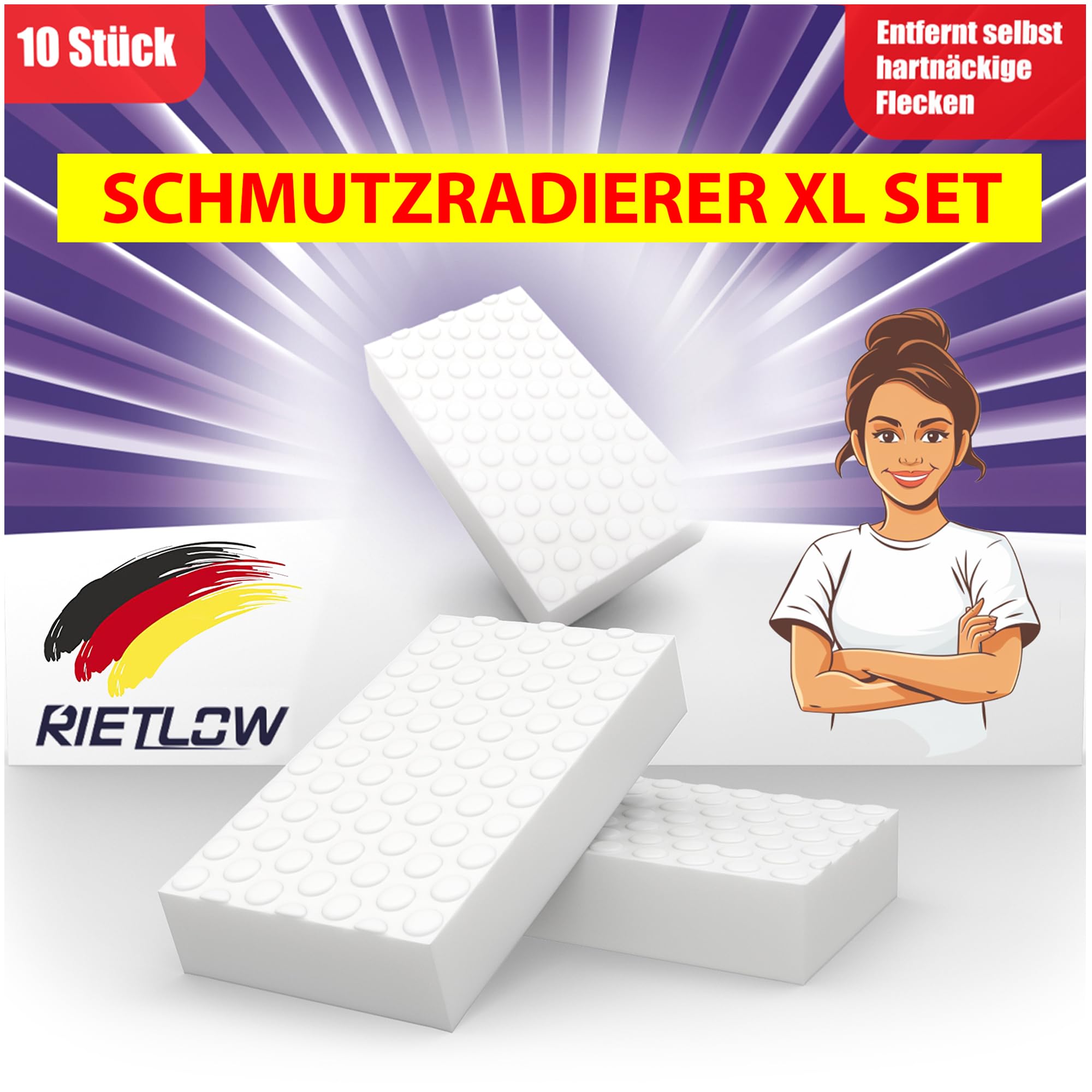 Rietlow® Schmutzradierer 10er Set – Zauberschwamm mit zweifacher Dichte – Radierschwamm für weiße Wände, Tapeten, Schuhe und Böden – Magic Eraser Sponge – Melamin Reinigungsschwamm & Wandradierer Angebot bei HelloDeals