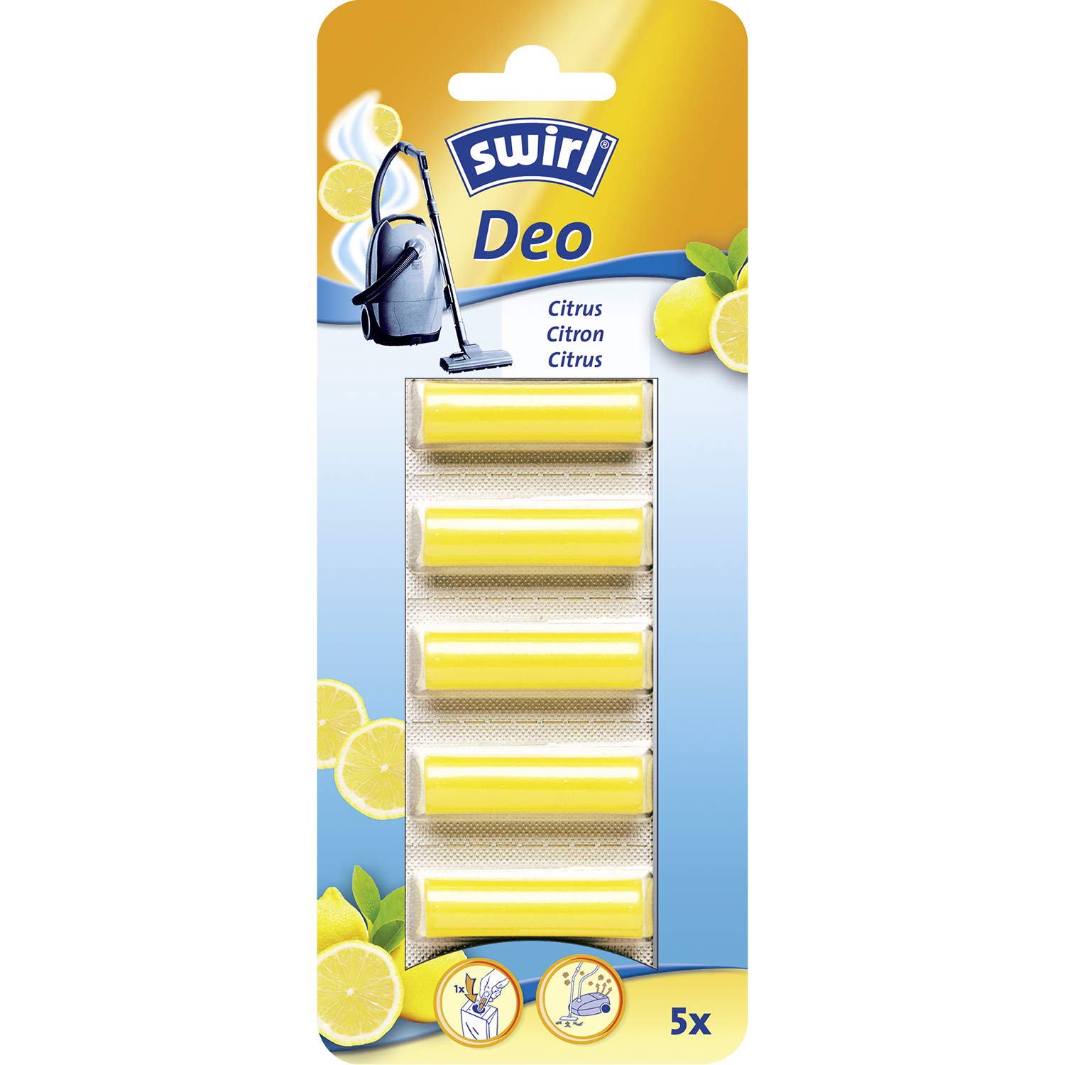 Swirl Deo-Sticks Citrus für Staubsauger – lang anhaltender Frischeduft, neutralisiert unangenehme Gerüche, einfach anzuwenden, ideal für alle Staubsauger und Tierhaushalte, 5 Stück pro Packung Angebot bei HelloDeals
