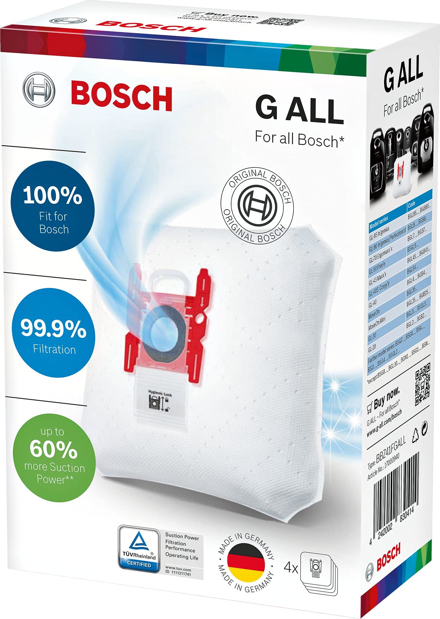 Bosch 4x Staubsaugerbeutel PowerProtect Typ G ALL BBZ41FGALL, 99,9% Feinstaubfilterung, 50% längere Nutzungsdauer, passend für alle aktuellen Baureihen außer BSG8, BSN1 Staubsauger + Beutel 4er-Set Single Angebot bei HelloDeals