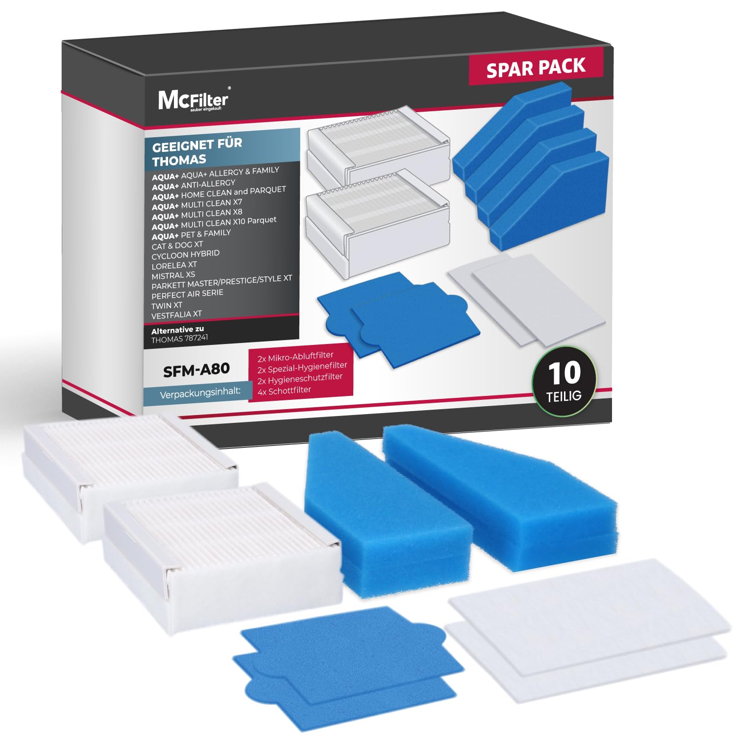 McFilter I 10-teiliges Filter-Set geeignet für THOMAS AQUA+ PET & FAMILY, ANTI-ALLERGY, MULTI CLEAN X7 X8 X10, CAT & DOG XT, PERFECT AIR, PARKETT, CYCLOON I Alternative für Filterset 99 (787241) kompatibel mit THOMAS AQUA+ PET & FAMILY Angebot bei HelloDeals