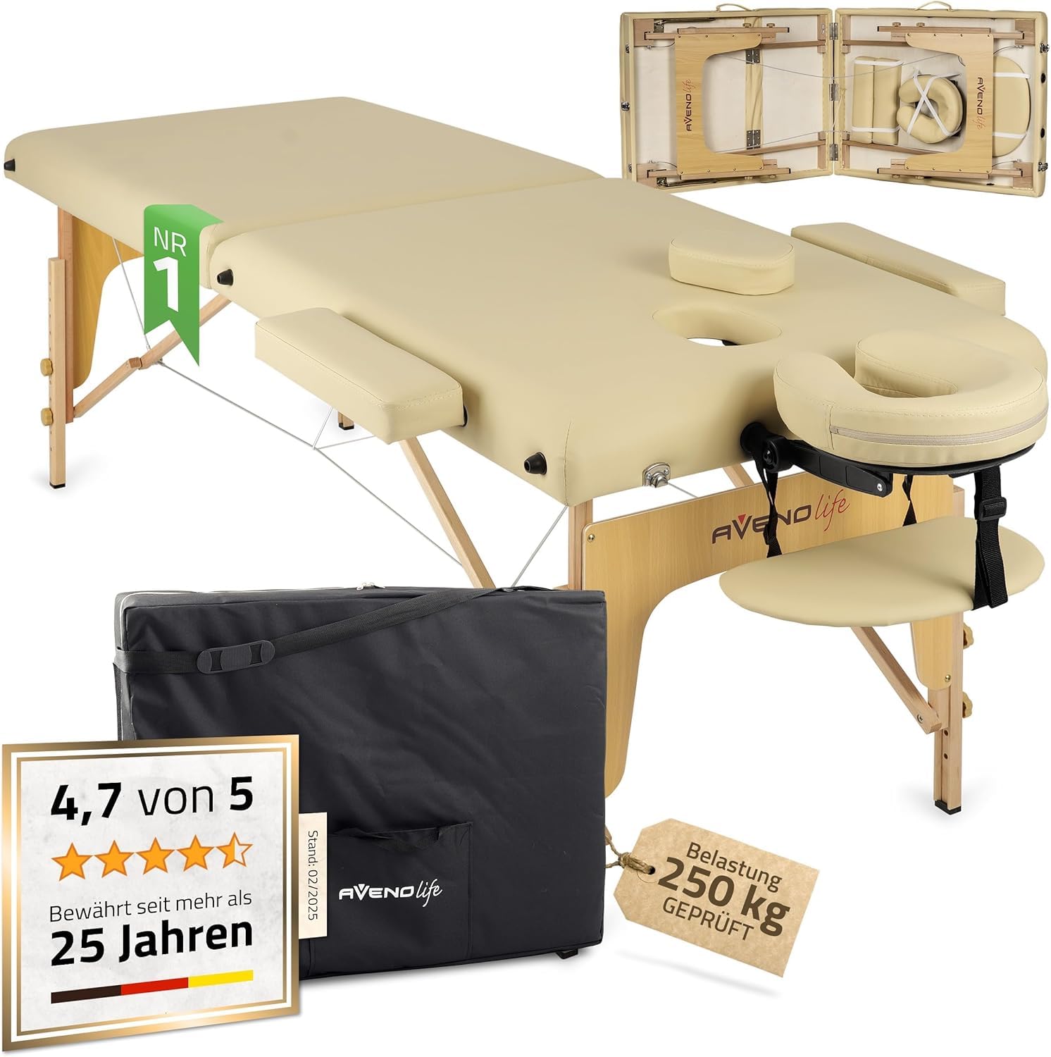 HABYS Sofia Light Massageliege | Klappbar Holz 2 Zonen | Massagetisch mit Vollausstattung | 185 x 60 x 85 cm, bis 250 kg | Armlehnen, Kopfstütze, Tragetasche, MDR-Zertifiziert | Beige Beige | Sofia Light Holz | 185x60 Angebot bei HelloDeals