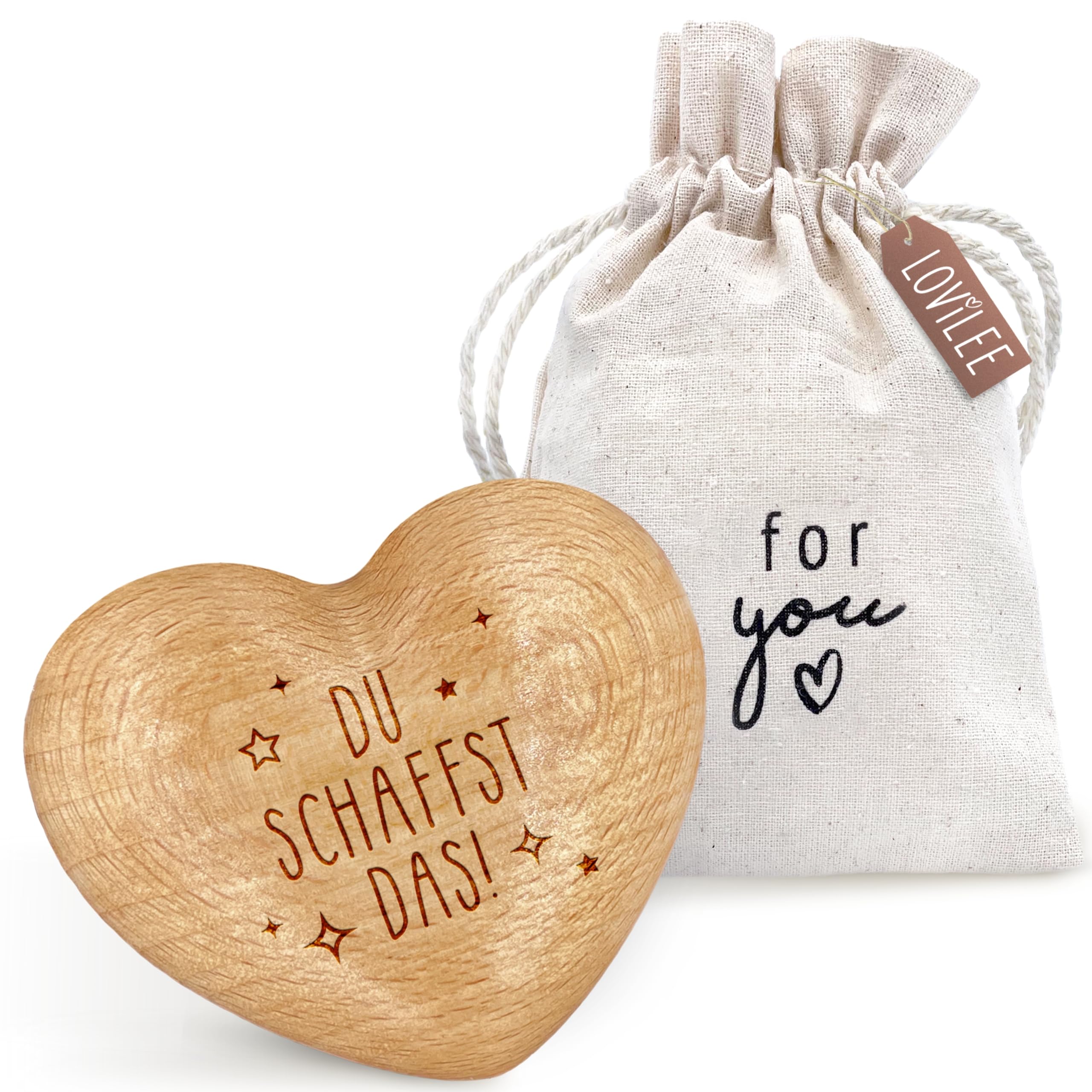 LOViLEE Du schaffst das - Handschmeichler Holz Glücksbringer Prüfung - Holz Herz inkl. Geschenkbeutel & Grußkartenset - Mutmacher Geschenk, Schutzengel Geschenk, Gute Besserung Geschenke Frauen Angebot bei HelloDeals