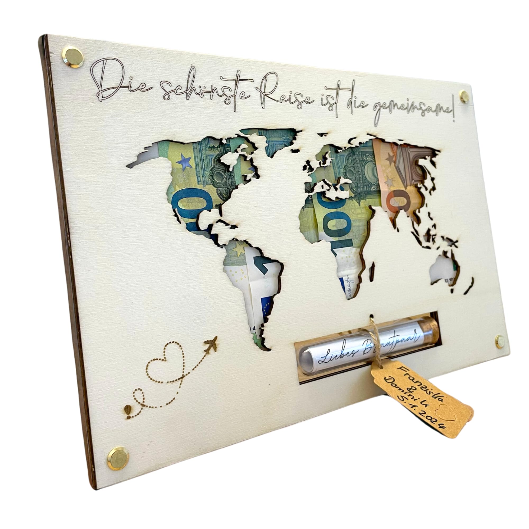 Geldgeschenk Hochzeit Weltkarte aus Holz | Einzigartiges Hochzeitsgeschenk für Brautpaar | Paargeschenk | Hochzeits-Geldgeschenk | Flitterwochen-Geschenk | Personalisierbar im Reagenzglas Decorative Angebot bei HelloDeals